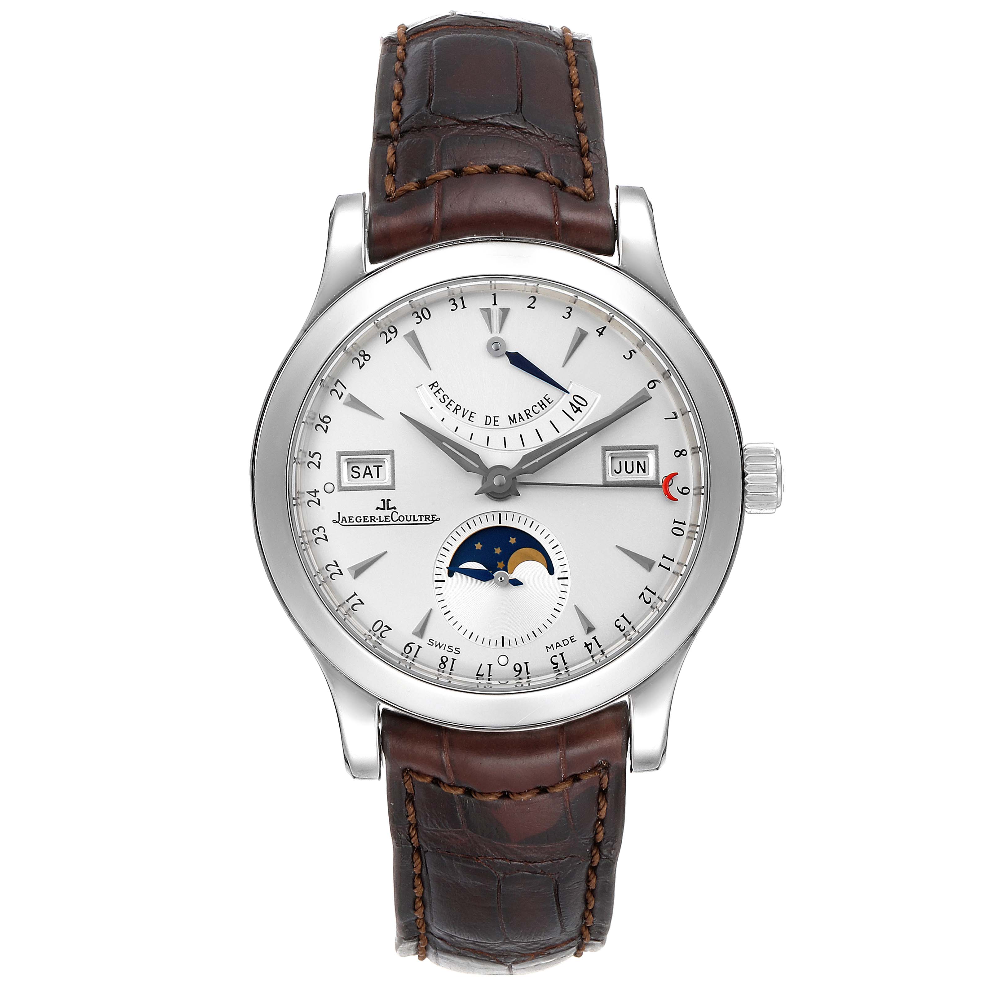 The Jaeger LeCoultre Master Q1558420 Men's Stainless Steel Silver Dial Q1558420 Men's Stainless Steel Silver Dial model watch is shown from a straight-on angle, displaying the dial, hands, and leather strap.