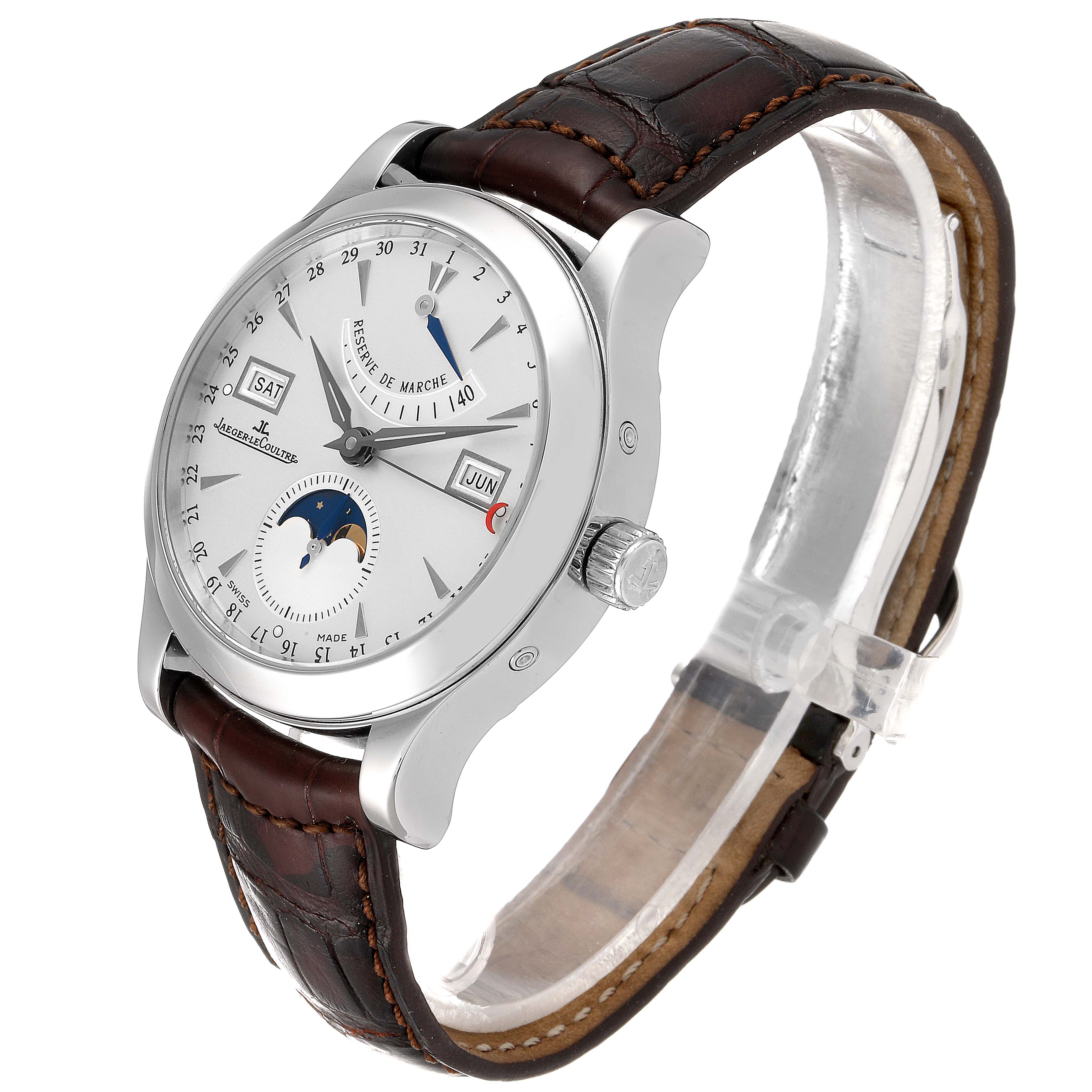 The watch is a Jaeger LeCoultre Master Q1558420 Men's Stainless Steel Silver Dial Q1558420 Men's Stainless Steel Silver Dial model, shown at an angle highlighting the face, crown, and leather strap.