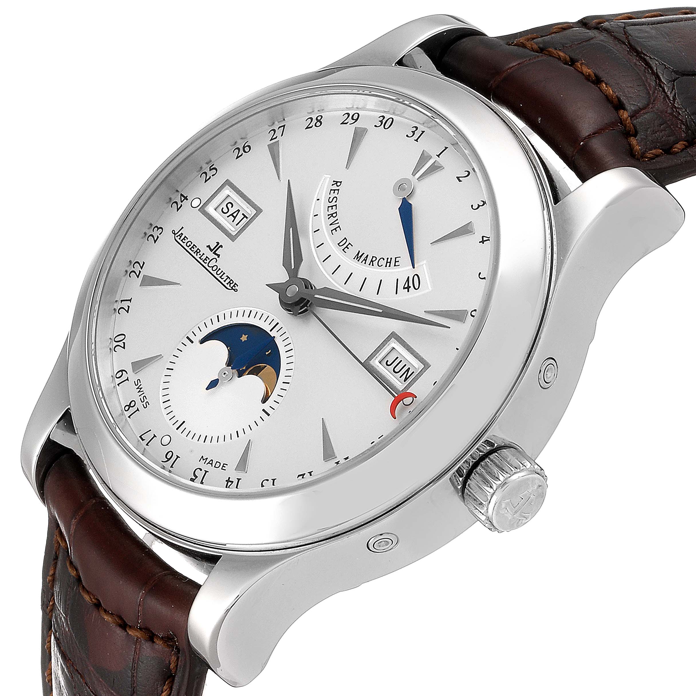 The image shows a Jaeger LeCoultre Master Q1558420 Men's Stainless Steel Silver Dial Q1558420 Men's Stainless Steel Silver Dial watch at an angle highlighting its dial, crown, and leather strap.