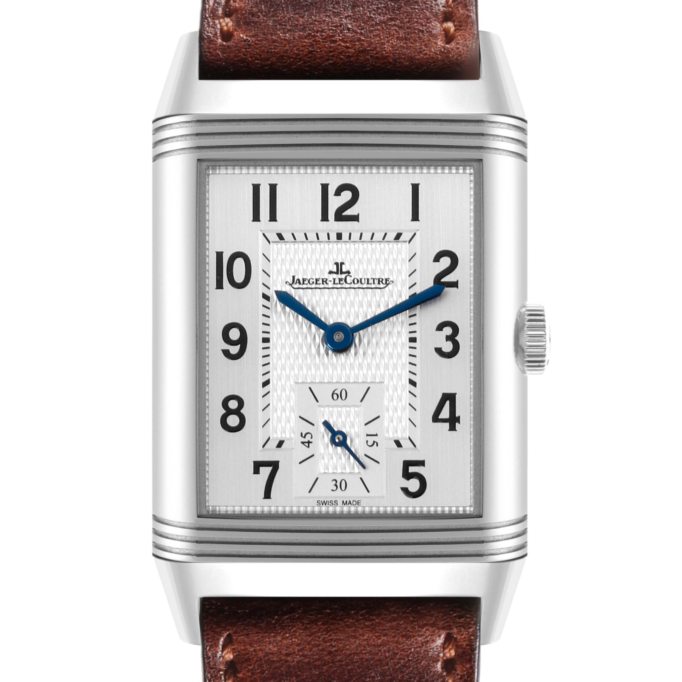 The Jaeger-LeCoultre Reverso watch is shown face-on, highlighting its rectangular dial and leather strap.
