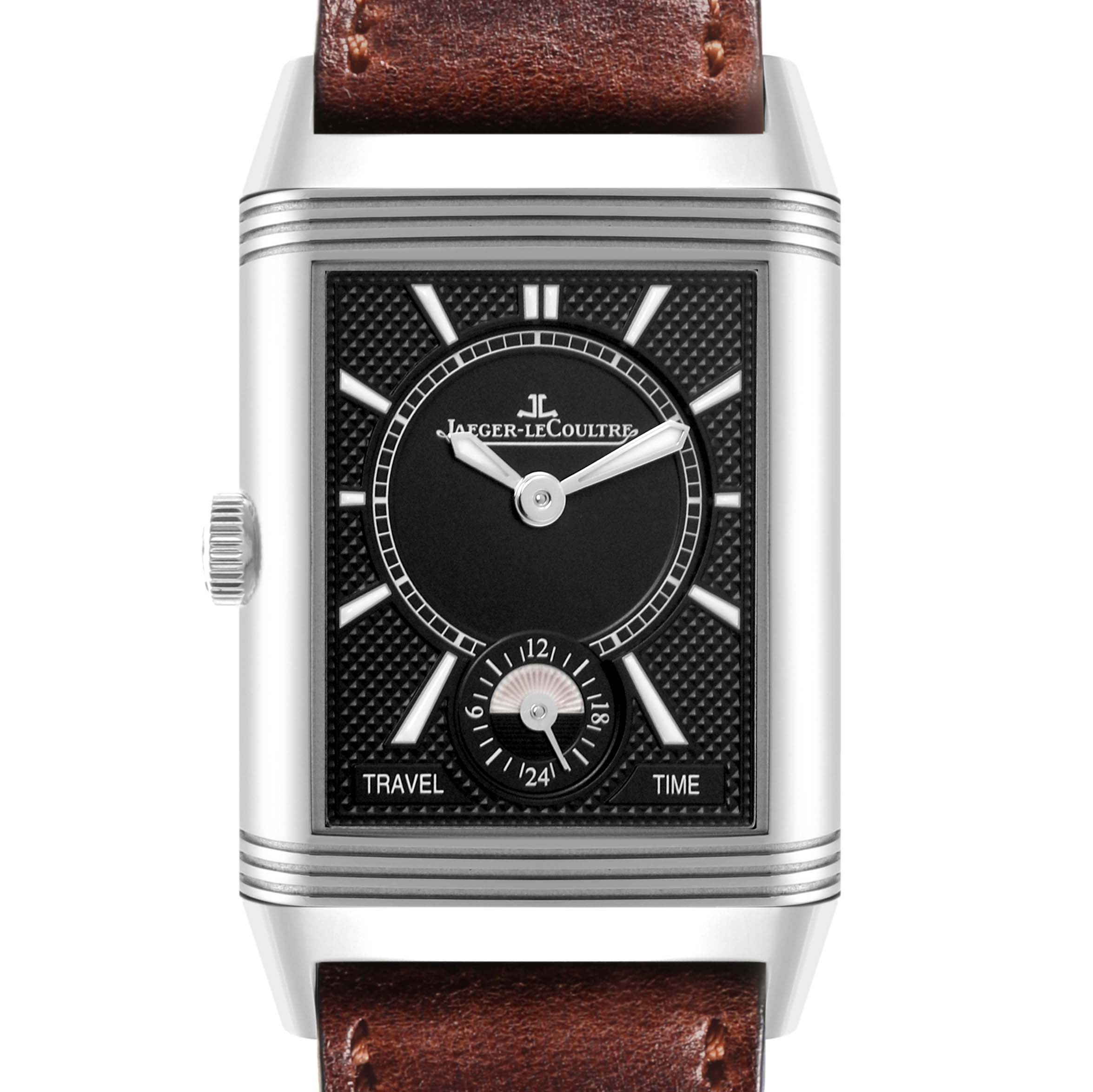 This image shows a front view of the Jaeger LeCoultre Reverso Q2458422 / 213.8.D4 Men's Stainless Steel Silver Dial Q2458422 / 213.8.D4 Men's Stainless Steel Silver Dial watch, highlighting the dial, case, and crown.
