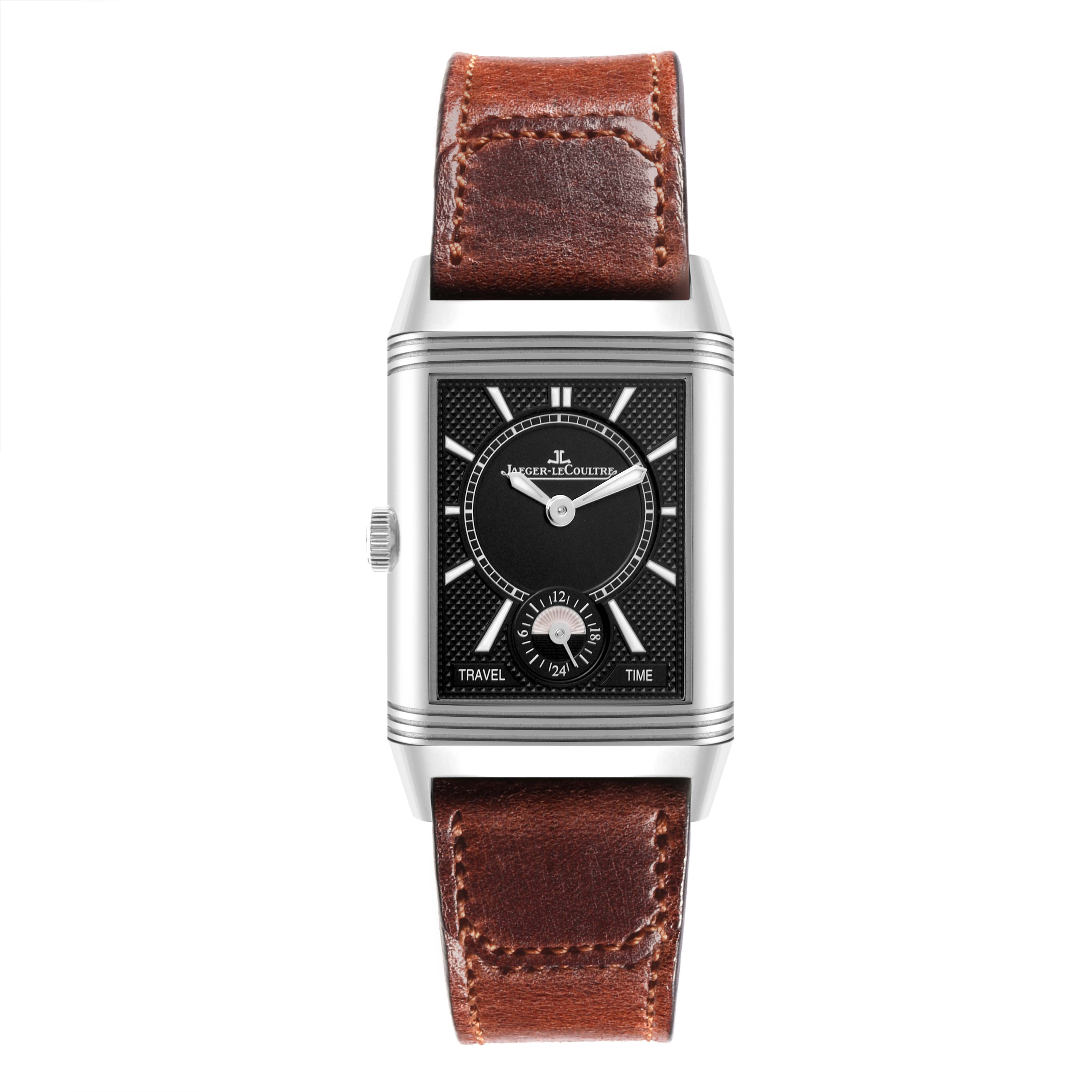 The Jaeger-LeCoultre Reverso watch is shown from the front, displaying its face, case, and strap.