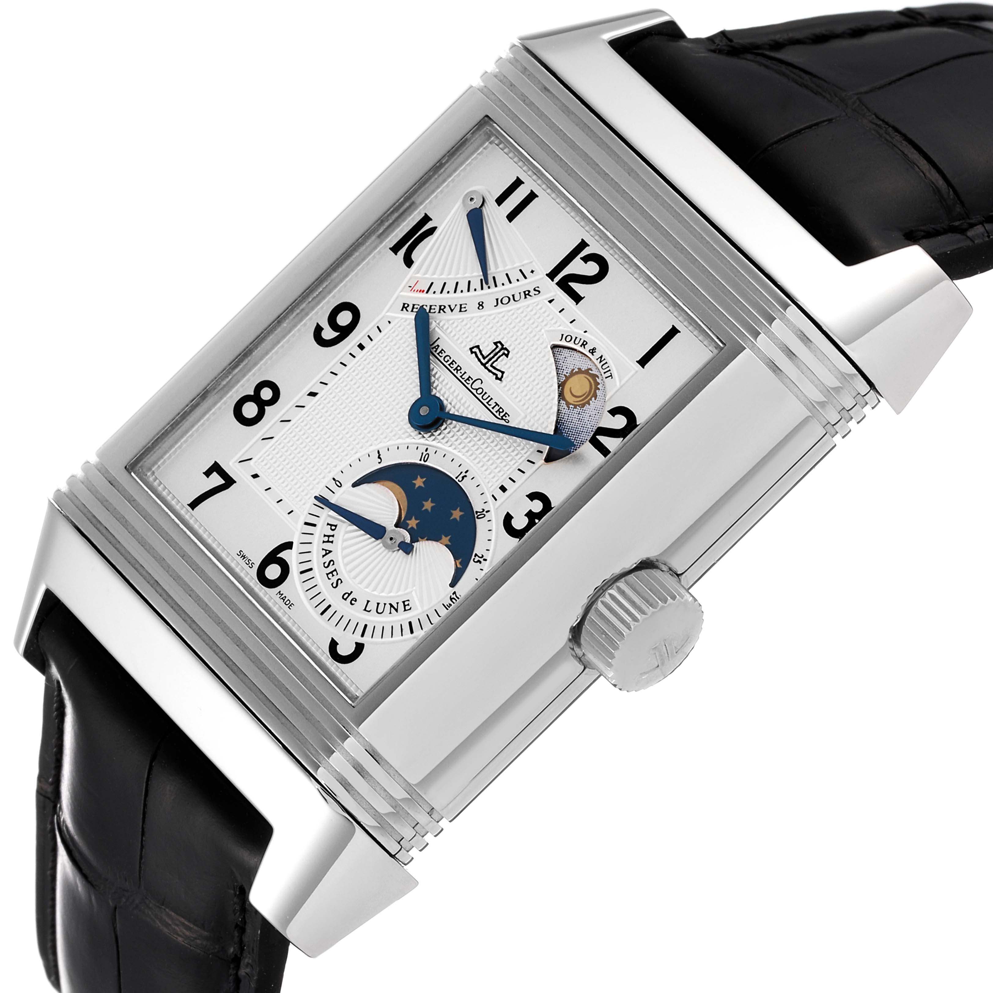 The Jaeger LeCoultre Reverso Q3048420 Men's Stainless Steel Silver Dial Q3048420 Men's Stainless Steel Silver Dial model watch is shown at a slight angle, highlighting its rectangular dial, moon phase subdial, and crown.