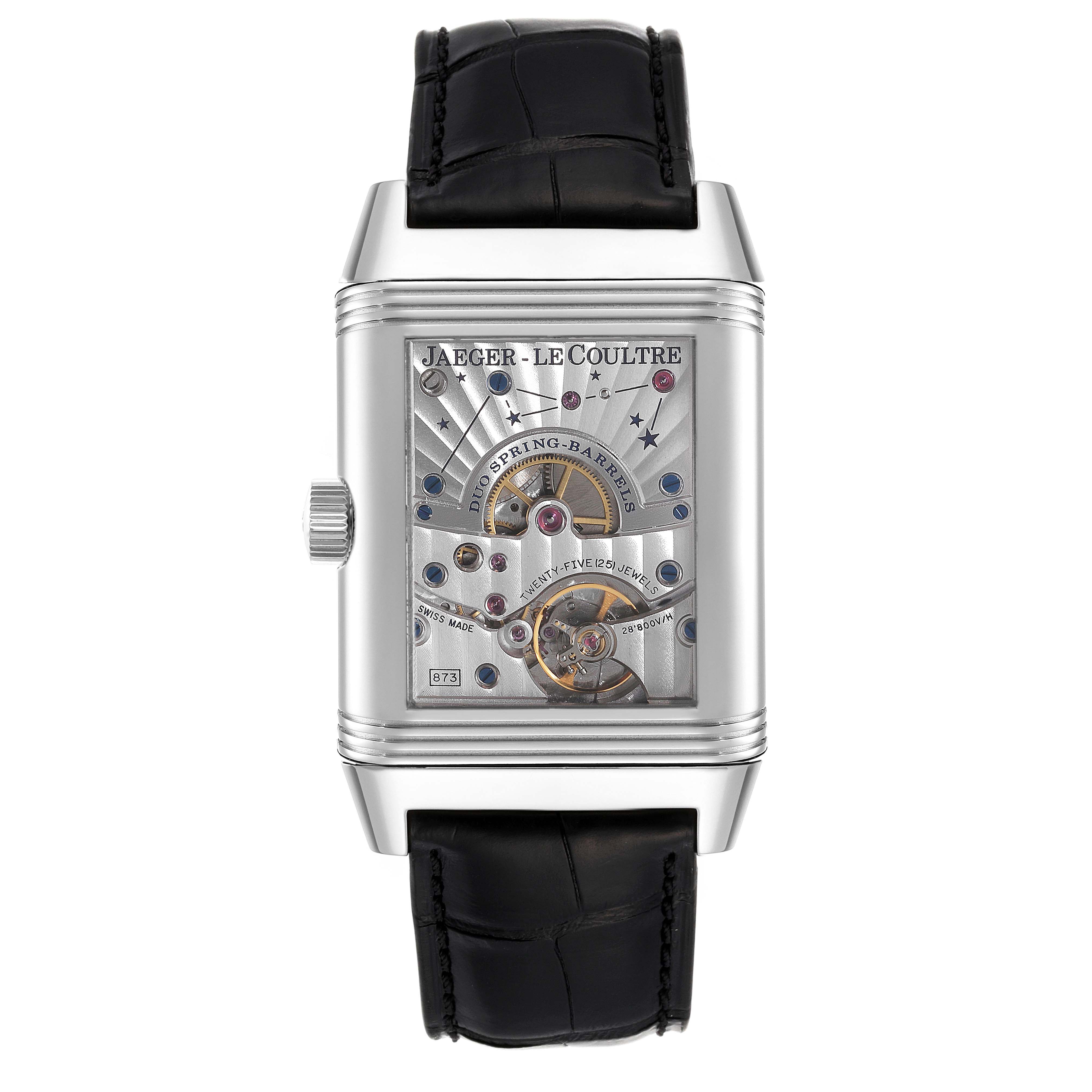 The image shows a front view of a Jaeger LeCoultre Reverso Q3048420 Men's Stainless Steel Silver Dial Q3048420 Men's Stainless Steel Silver Dial watch, highlighting its exposed mechanical movement.