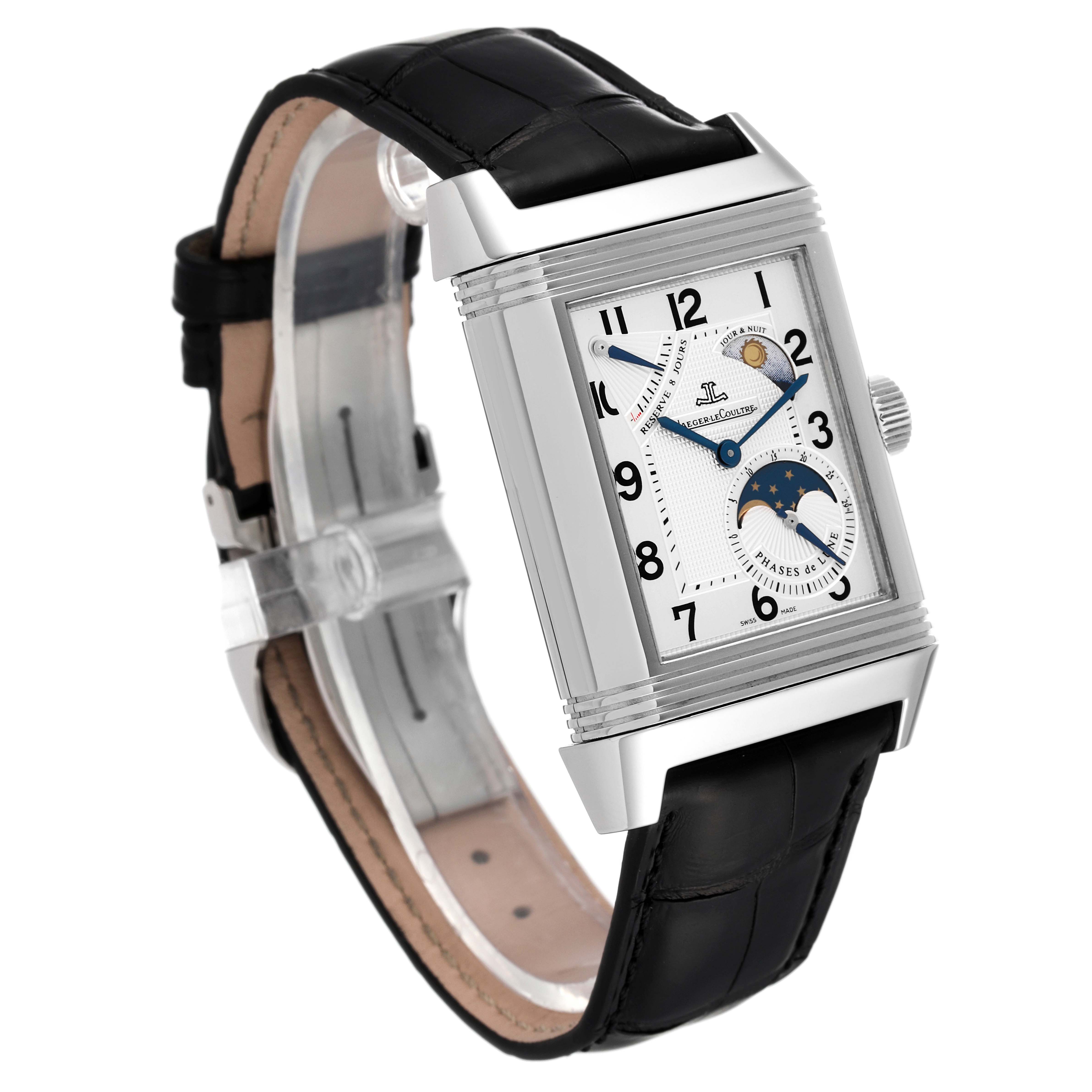 The image shows a Jaeger LeCoultre Reverso Q3048420 Men's Stainless Steel Silver Dial Q3048420 Men's Stainless Steel Silver Dial watch at a three-quarter angle, highlighting its rectangular face and black leather strap.