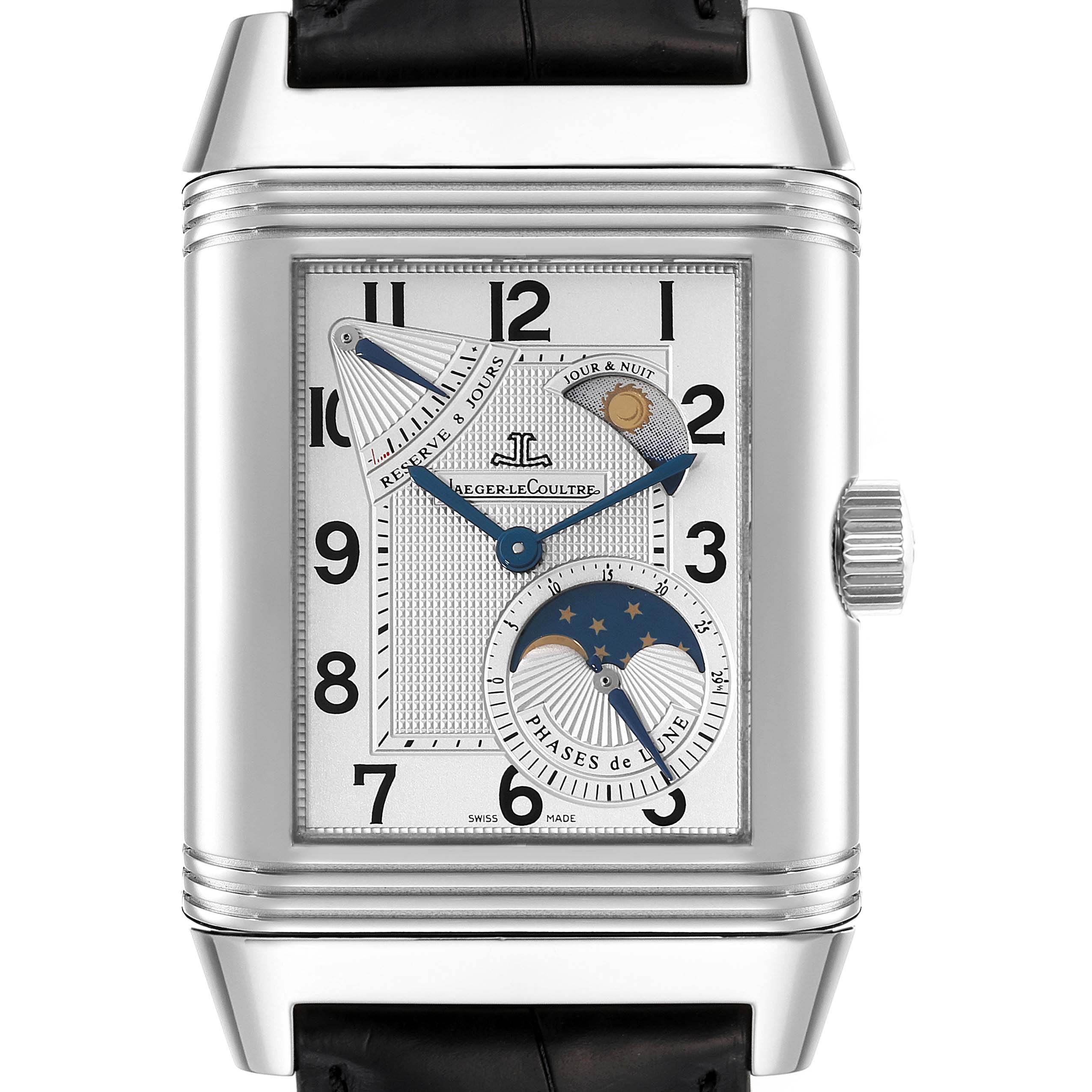 This image showcases the dial and case of the Jaeger-LeCoultre Reverso, highlighting its moon phase and day-night indicators.