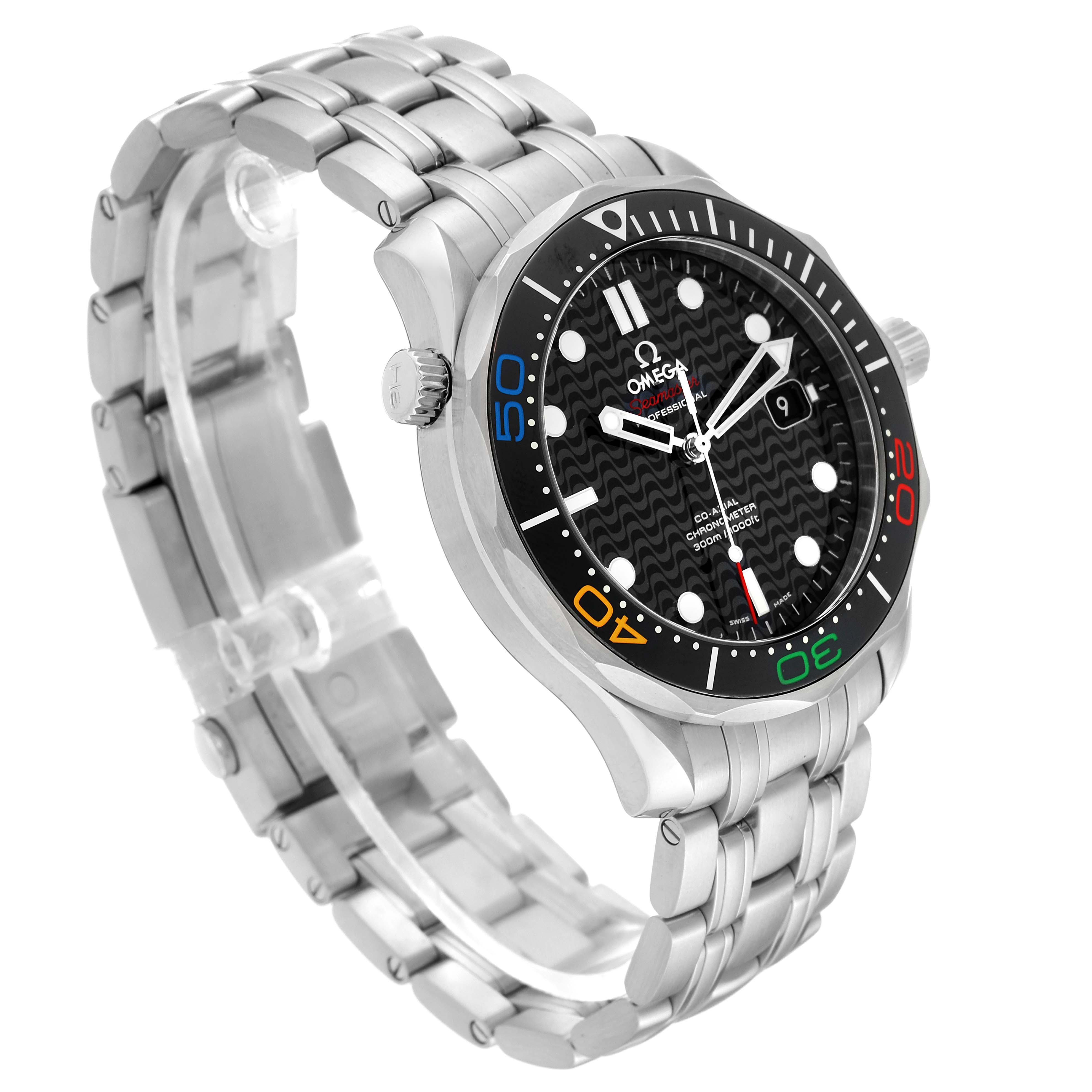 The Omega Seamaster 522.30.41.20.01.001 Men's Stainless Steel Black Dial watch is shown at a three-quarter angle, highlighting the face, bezel, and stainless steel bracelet.