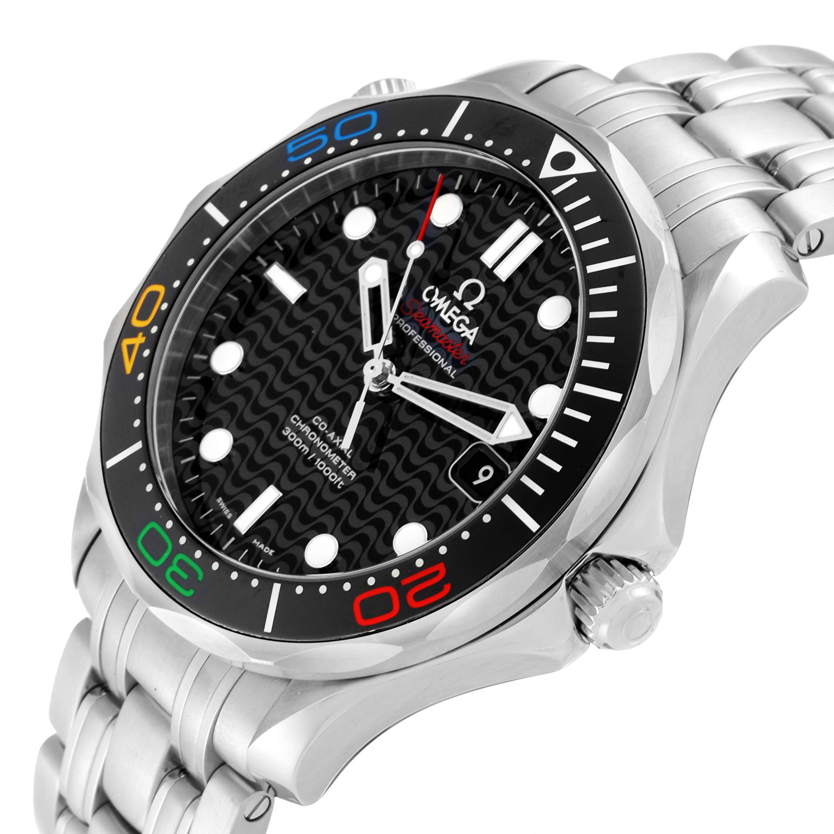 The Omega Seamaster 522.30.41.20.01.001 Men's Stainless Steel Black Dial watch is shown at an angle highlighting the face, bezel, and part of the bracelet.