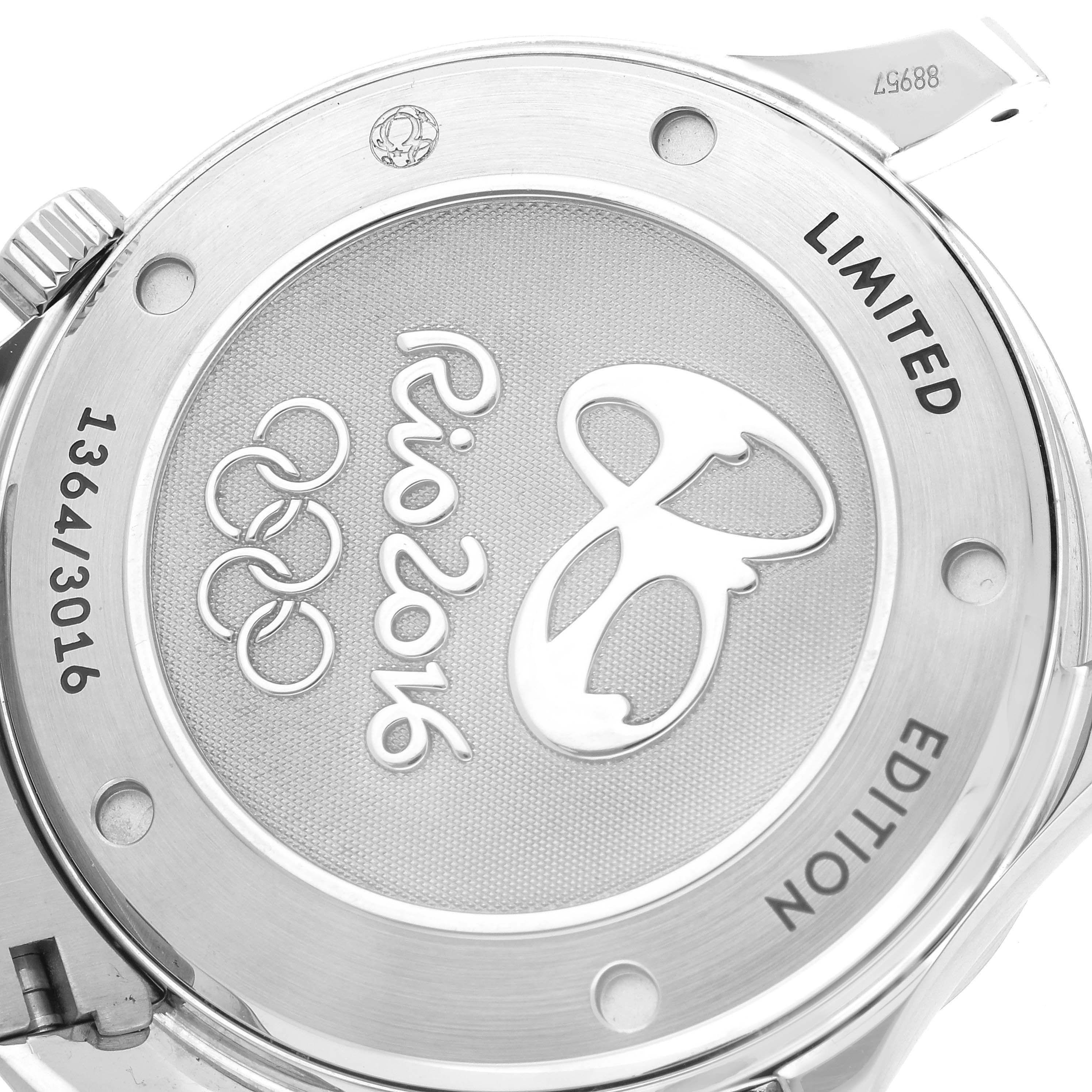 The image shows the case back of an Omega Seamaster 522.30.41.20.01.001 Men's Stainless Steel Black Dial, featuring Rio 2016 and Olympic markings.