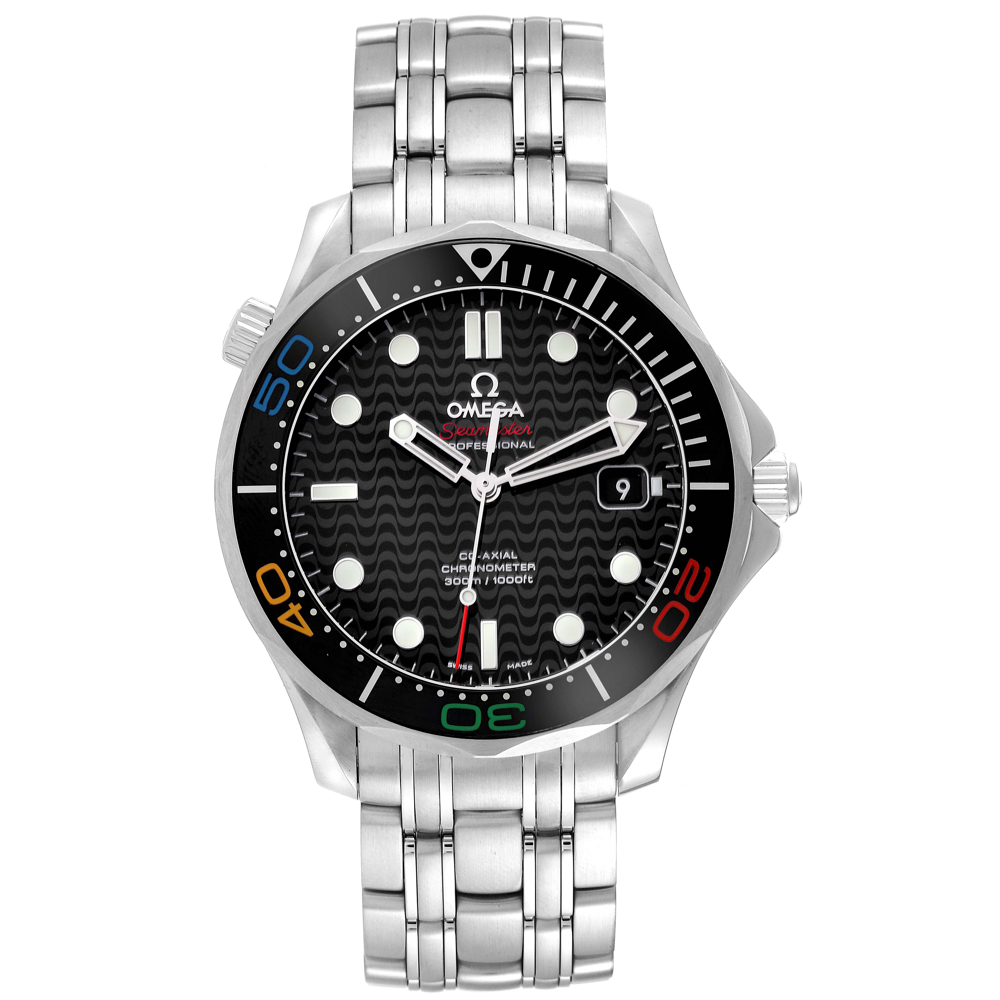 The Omega Seamaster 522.30.41.20.01.001 Men's Stainless Steel Black Dial watch is shown from a front angle, featuring its dial, bezel, and stainless steel bracelet.