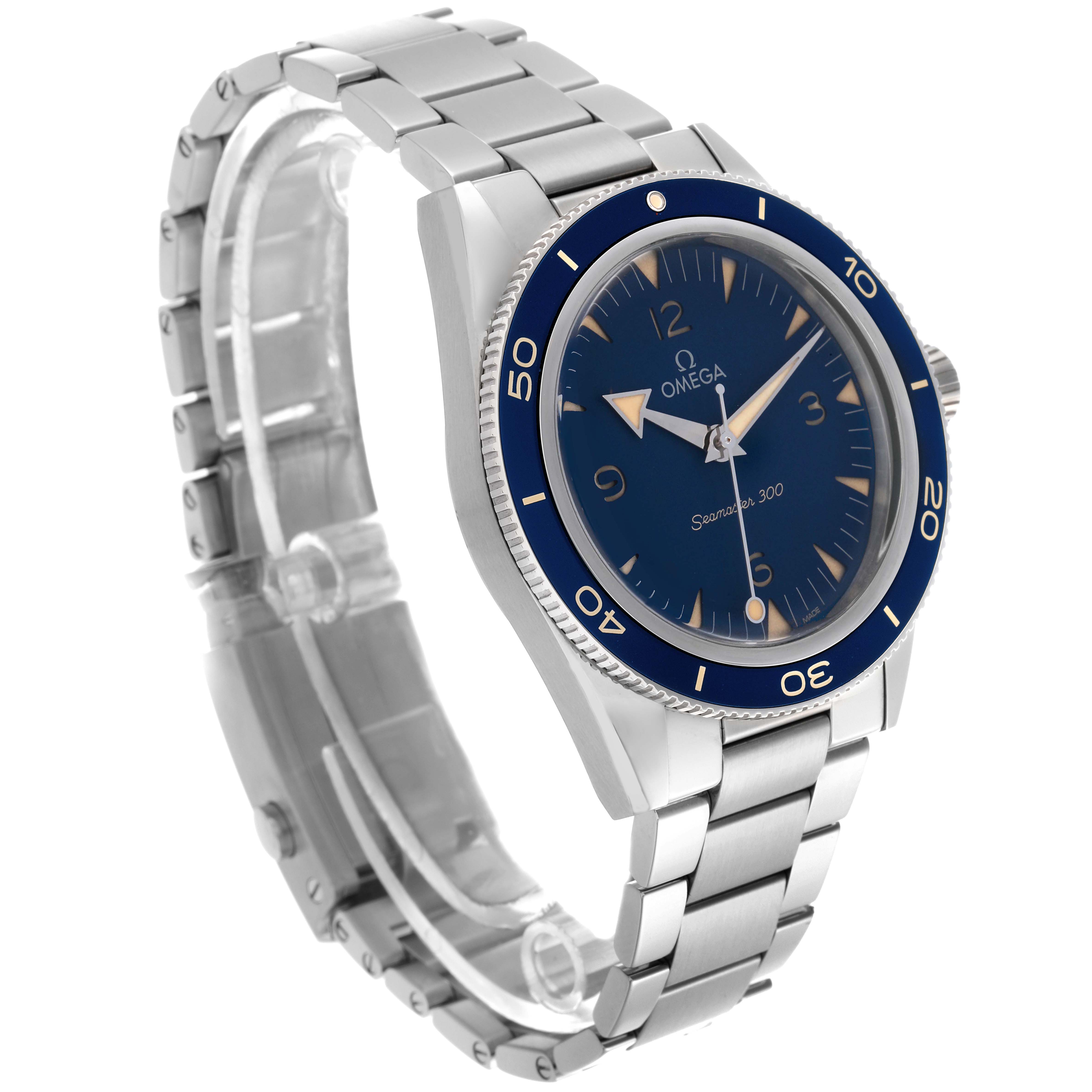 The Omega Seamaster 234.30.41.21.03.001 Men's Stainless Steel Blue Dial watch is shown at a three-quarter angle, highlighting the blue dial, bezel, and stainless steel bracelet.