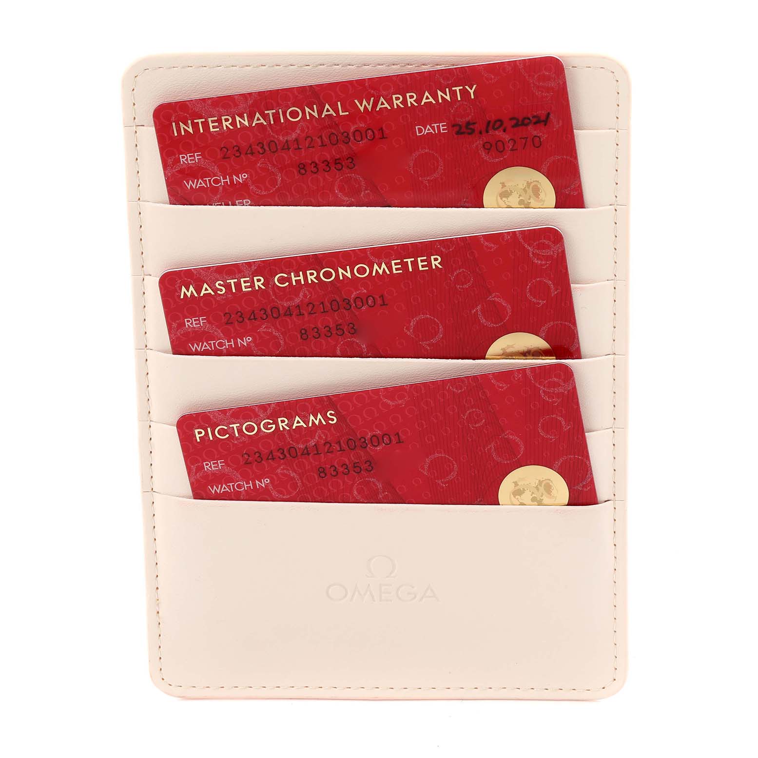 The image shows a card holder with three red cards for the Omega Seamaster 234.30.41.21.03.001 Men's Stainless Steel Blue Dial, labeled International Warranty, Master Chronometer, and Pictograms.