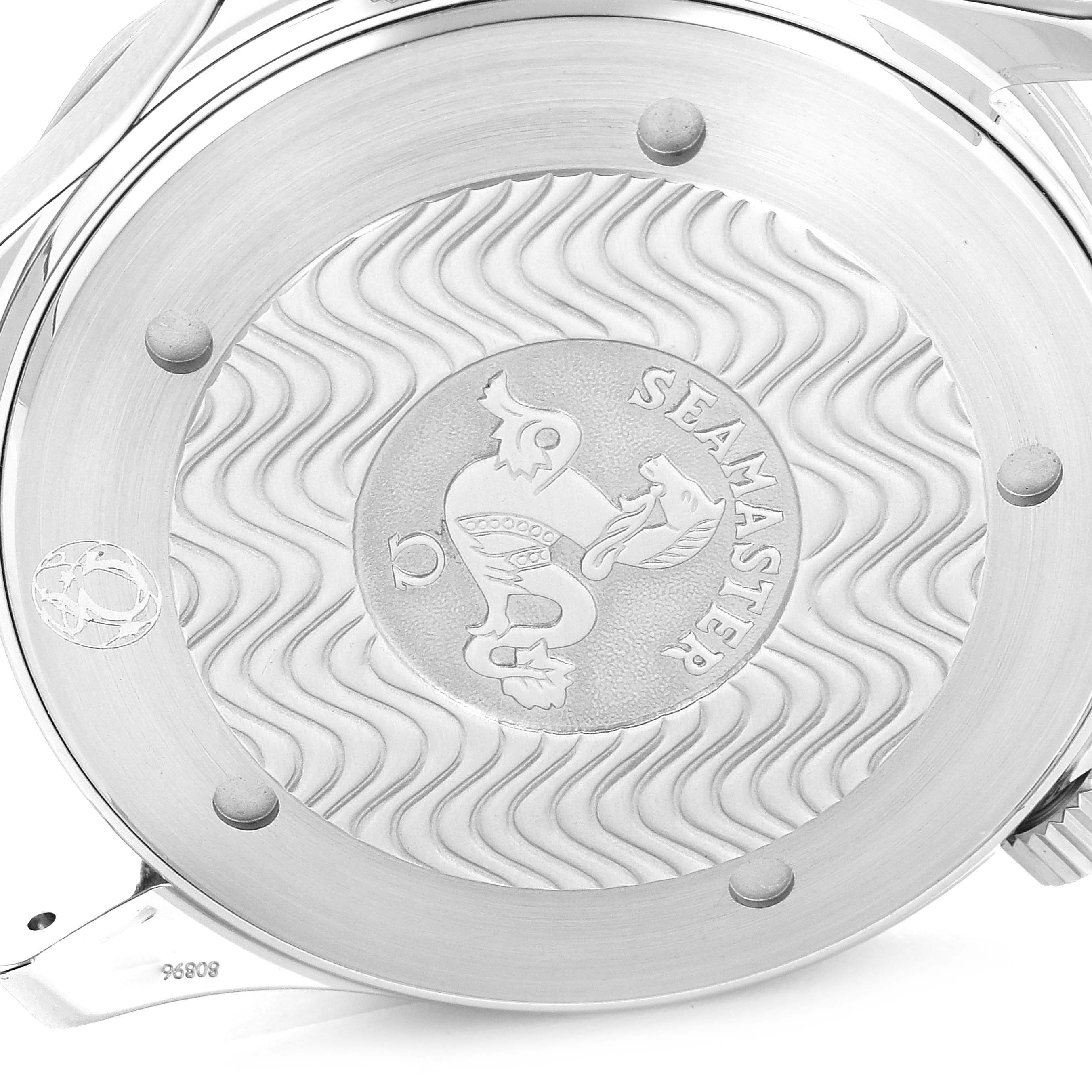 This image shows the back case of an Omega Seamaster 2531.80.00 Men's Stainless Steel Blue Dial 2531.80.00 Men's Stainless Steel Blue Dial watch, highlighting its embossed design and the brand's logo.