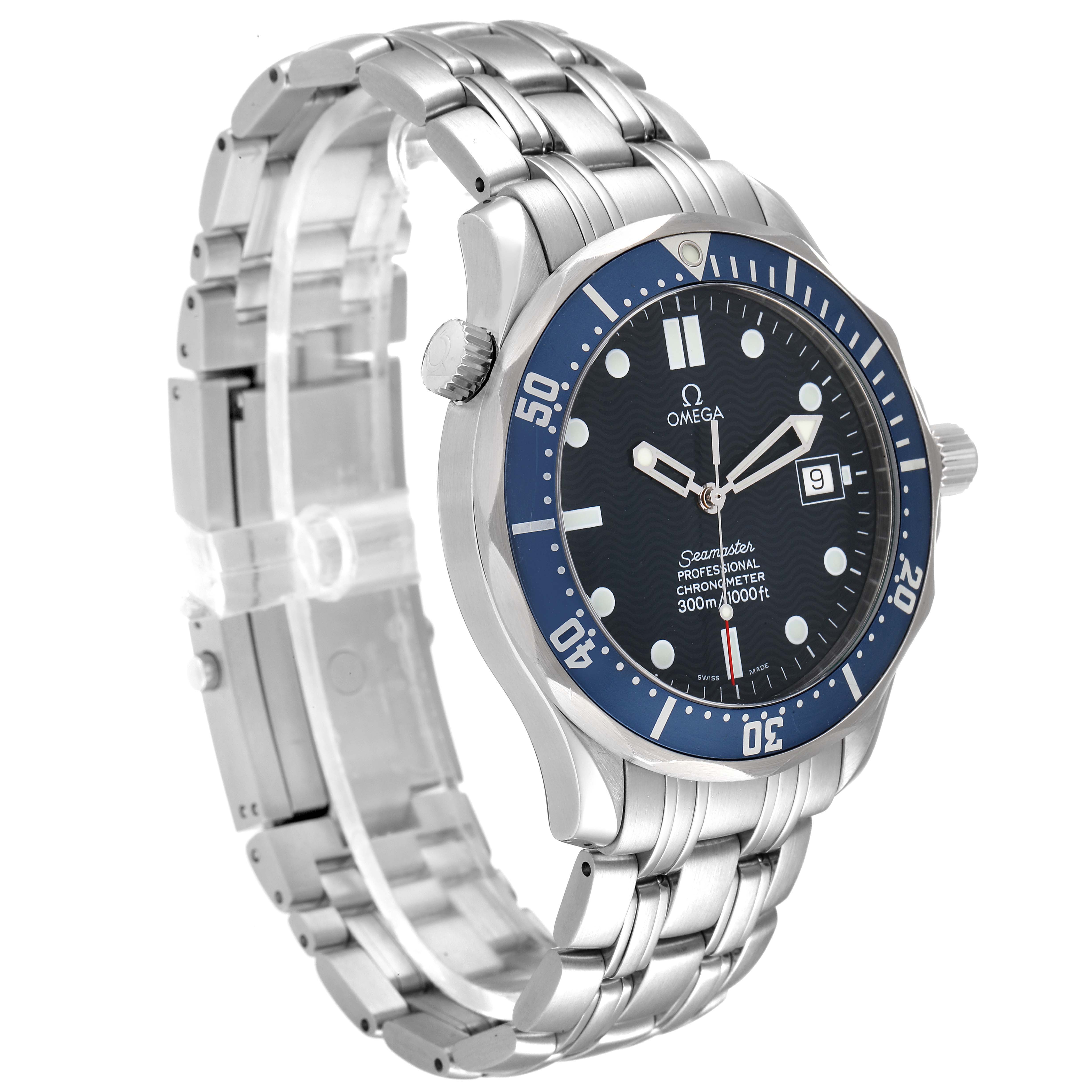 The image shows an Omega Seamaster 2531.80.00 Men's Stainless Steel Blue Dial 2531.80.00 Men's Stainless Steel Blue Dial watch at a three-quarter angle, displaying its face, bezel, crown, and metal bracelet.