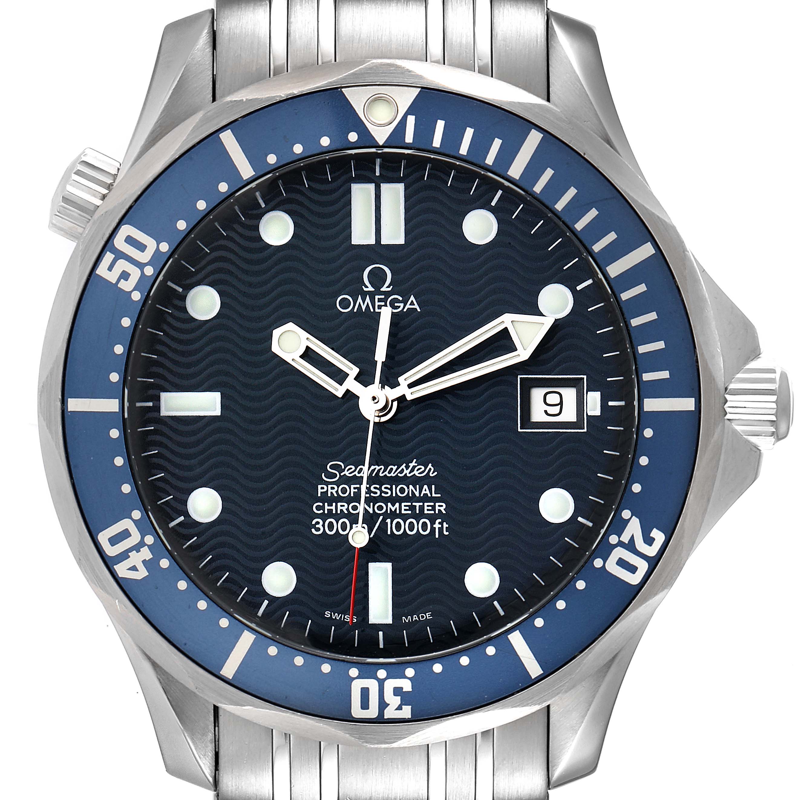 The image shows a front view of an Omega Seamaster 2531.80.00 Men's Stainless Steel Blue Dial 2531.80.00 Men's Stainless Steel Blue Dial watch, highlighting the dial, bezel, crown, and part of the bracelet.