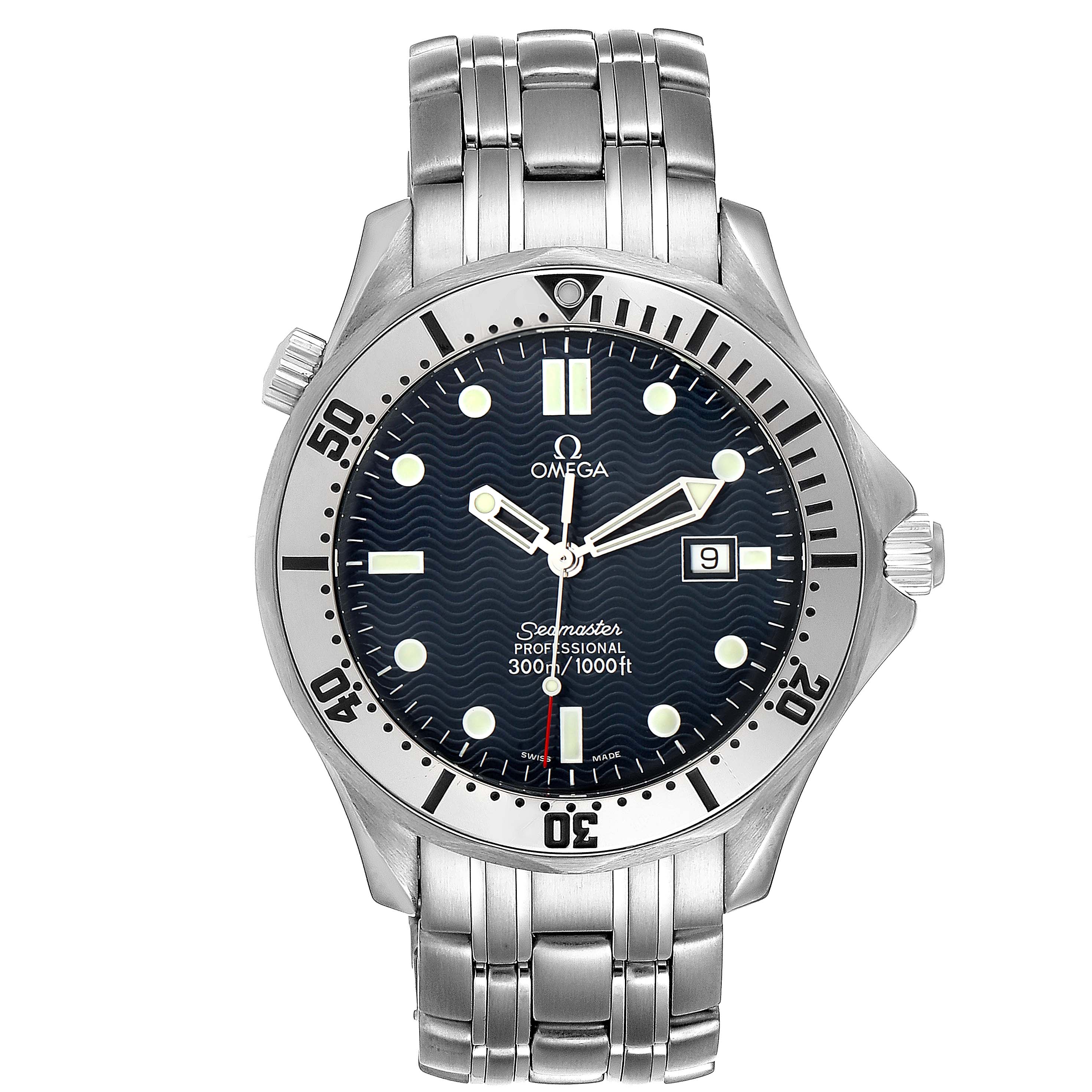 This image shows a front view of the Omega Seamaster 2542.80.00 Men
s Stainless Steel Blue Dial 2542.80.00 Men
s Stainless Steel Blue Dial watch, highlighting its face, bezel, and stainless steel bracelet.