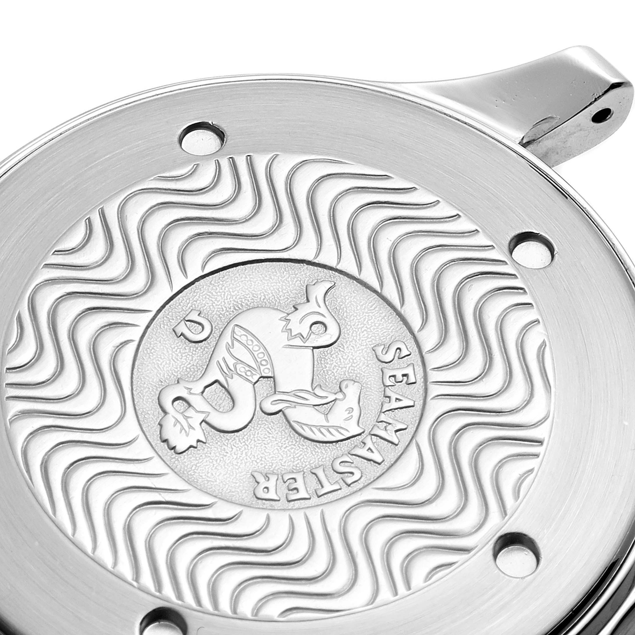 This image shows the Omega Seamaster 2542.80.00 Men
s Stainless Steel Blue Dial 2542.80.00 Men
s Stainless Steel Blue Dial case back, featuring an embossed seahorse design and "SEAMASTER" text.