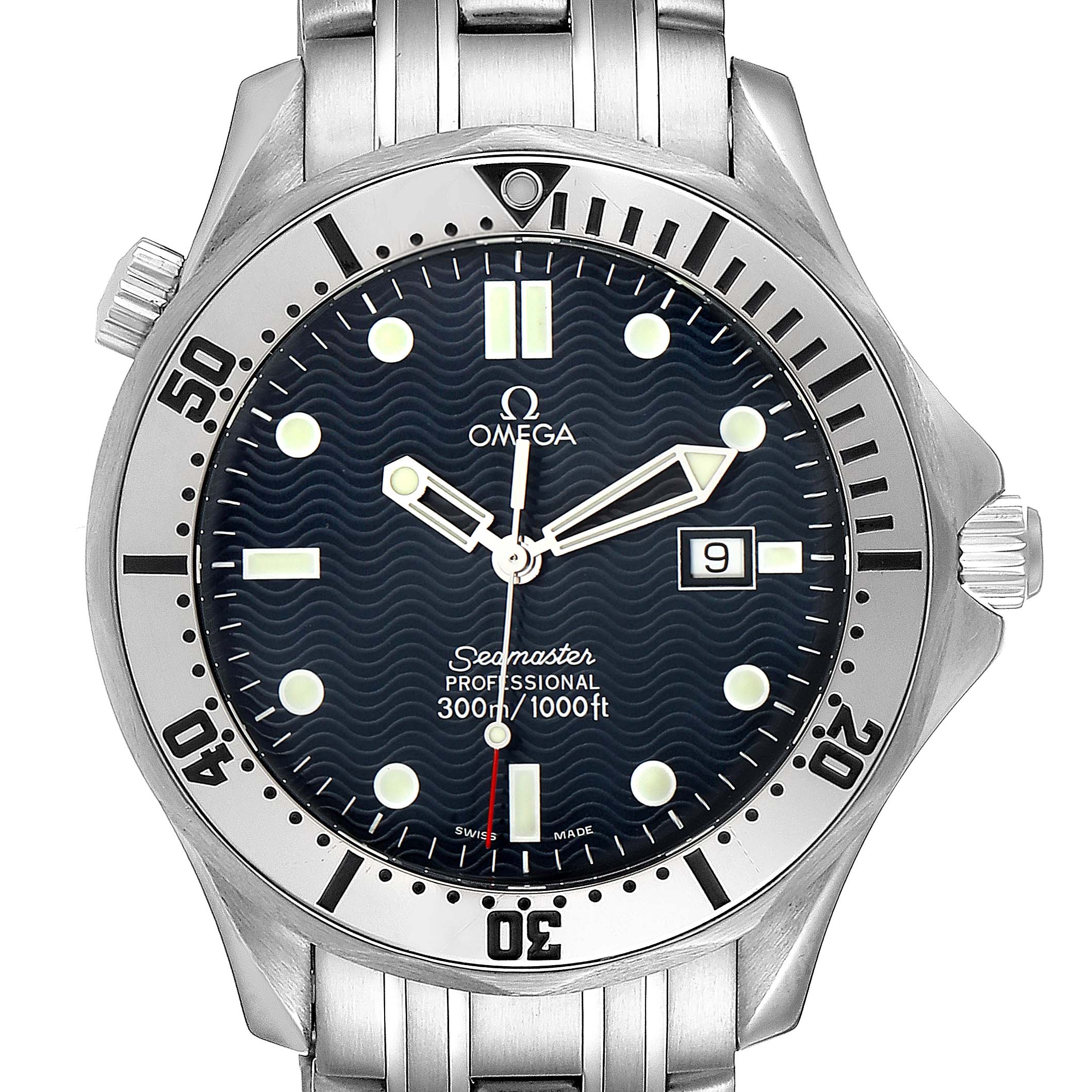 The image shows a front view of the Omega Seamaster 2542.80.00 Men
s Stainless Steel Blue Dial 2542.80.00 Men
s Stainless Steel Blue Dial watch, displaying its dial, bezel, and part of the bracelet.