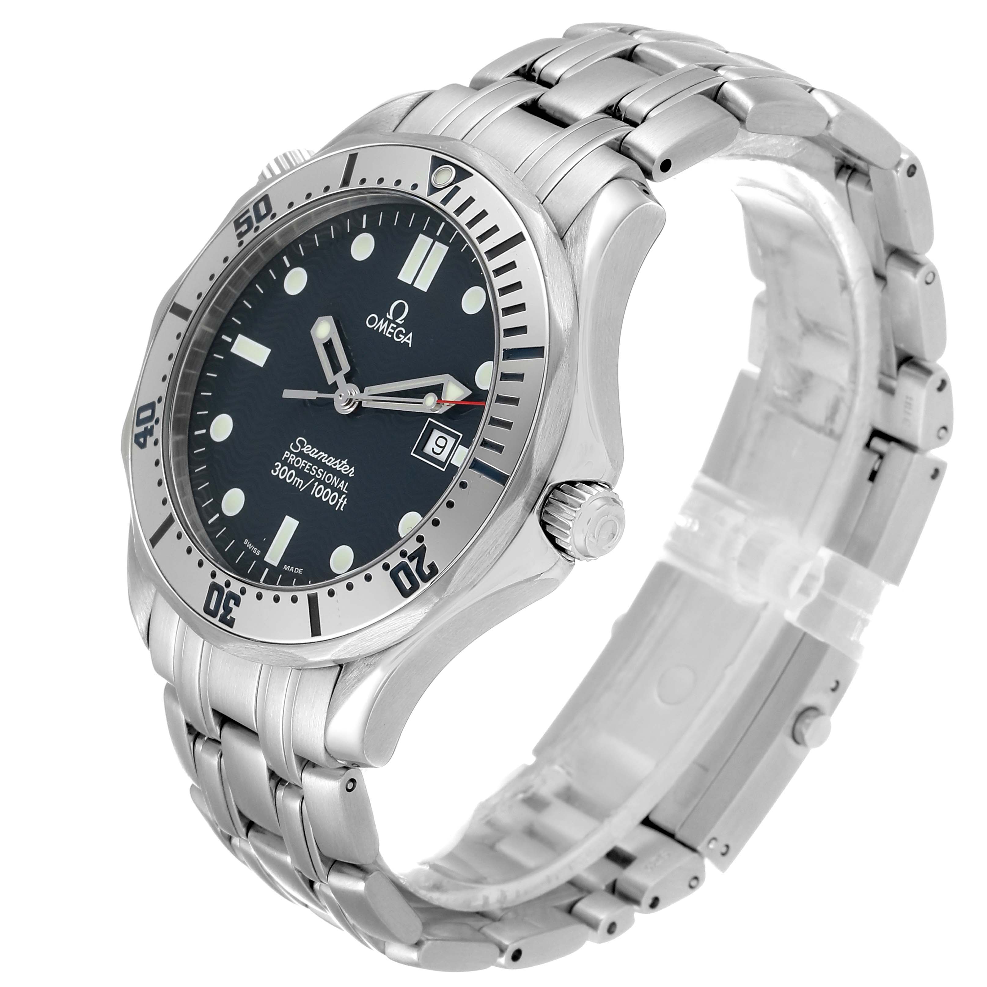 The Omega Seamaster 2542.80.00 Men
s Stainless Steel Blue Dial 2542.80.00 Men
s Stainless Steel Blue Dial watch is shown at a three-quarter angle, displaying the face, bezel, crown, and stainless steel bracelet.