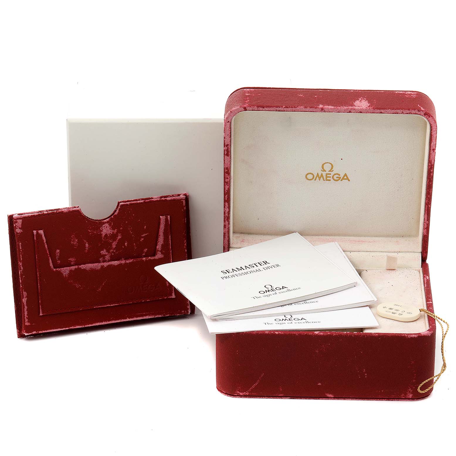 The image shows the packaging and accessories of the Omega Seamaster 2542.80.00 Men
s Stainless Steel Blue Dial 2542.80.00 Men
s Stainless Steel Blue Dial watch, including the red case and instruction manuals.