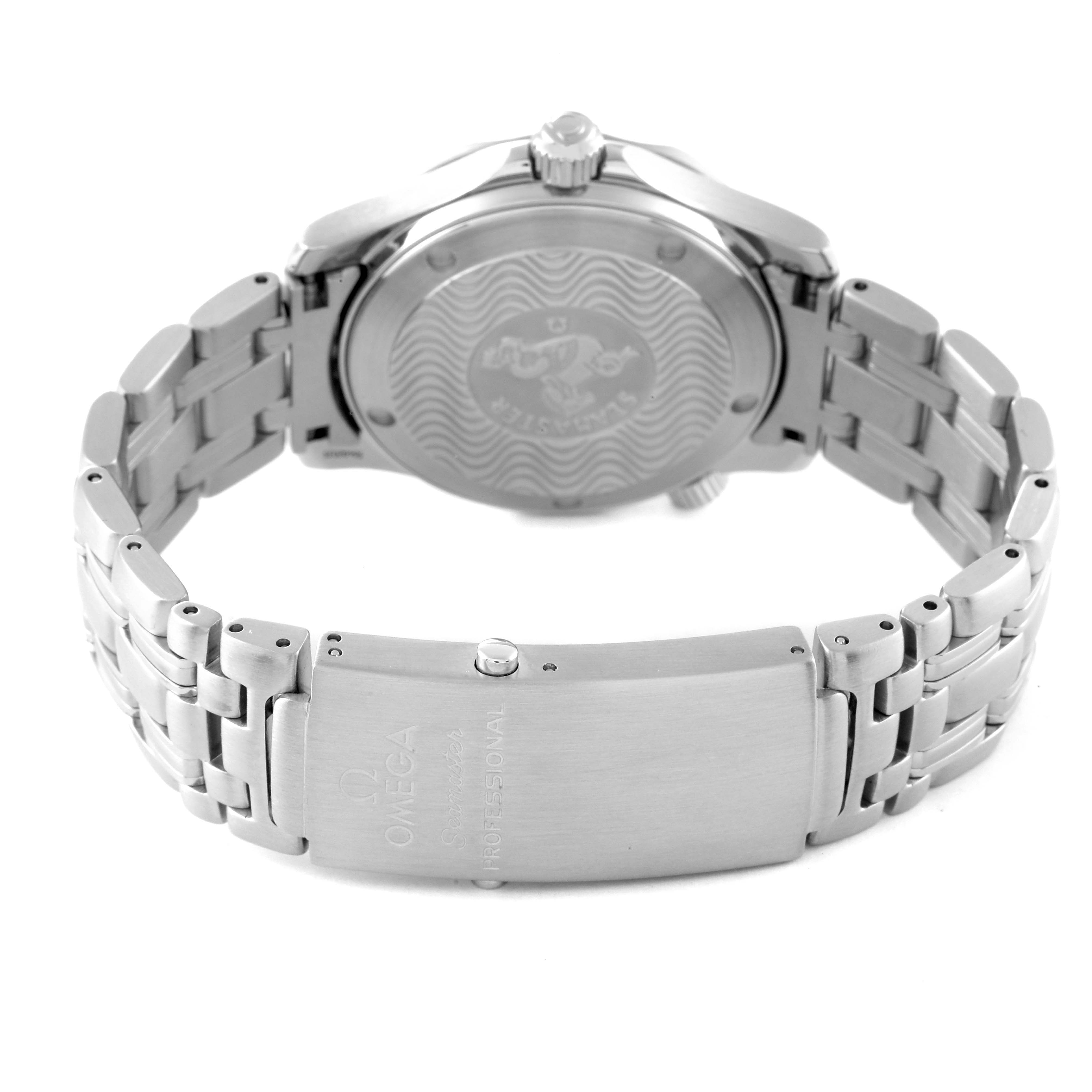 This image shows the back, clasp, and part of the bracelet of an Omega Seamaster 2562.80.00 Men's Stainless Steel Blue Dial 2562.80.00 Men's Stainless Steel Blue Dial watch.