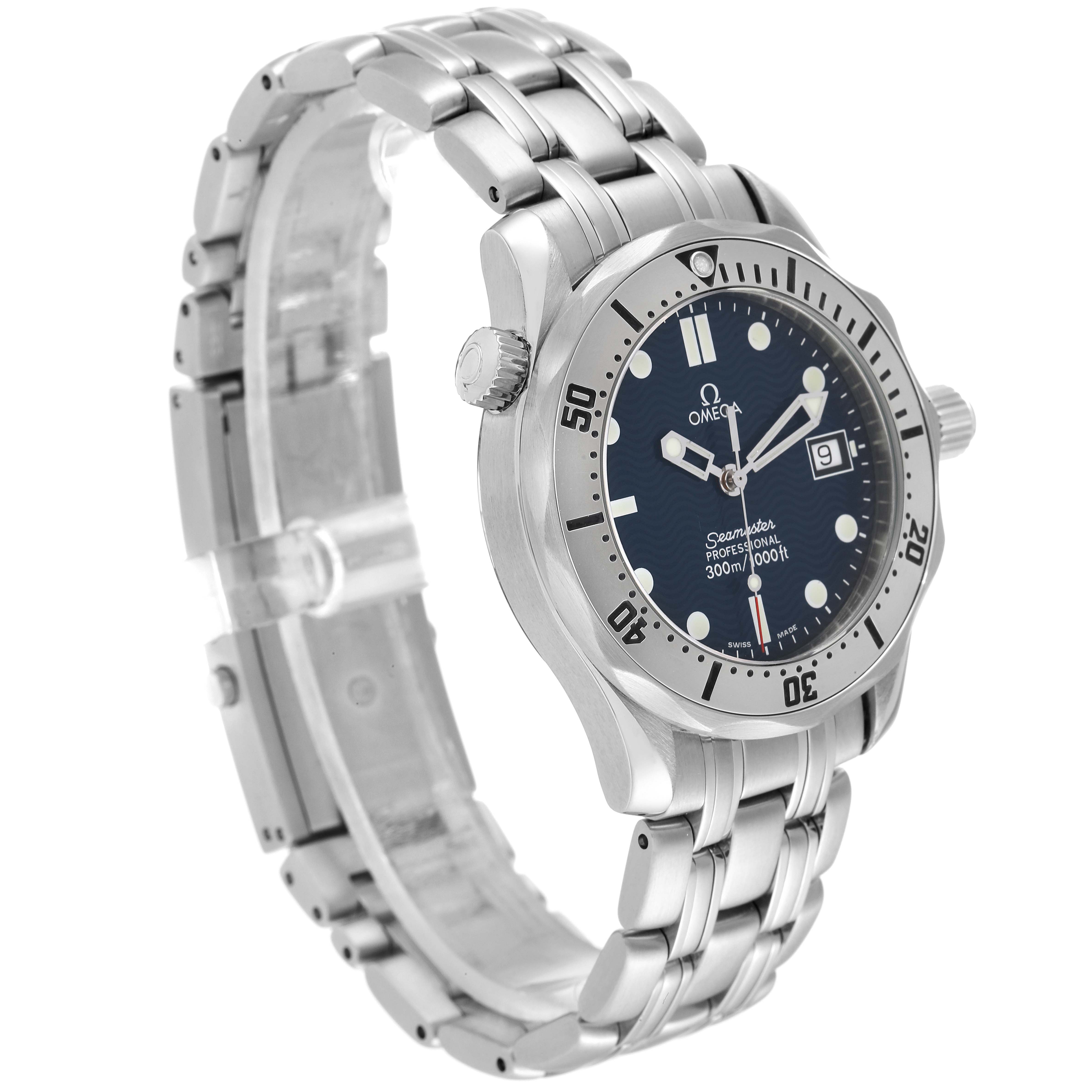 The image shows a side angle view of the Omega Seamaster 2562.80.00 Men's Stainless Steel Blue Dial 2562.80.00 Men's Stainless Steel Blue Dial watch, highlighting the dial, bezel, bracelet, and clasp.