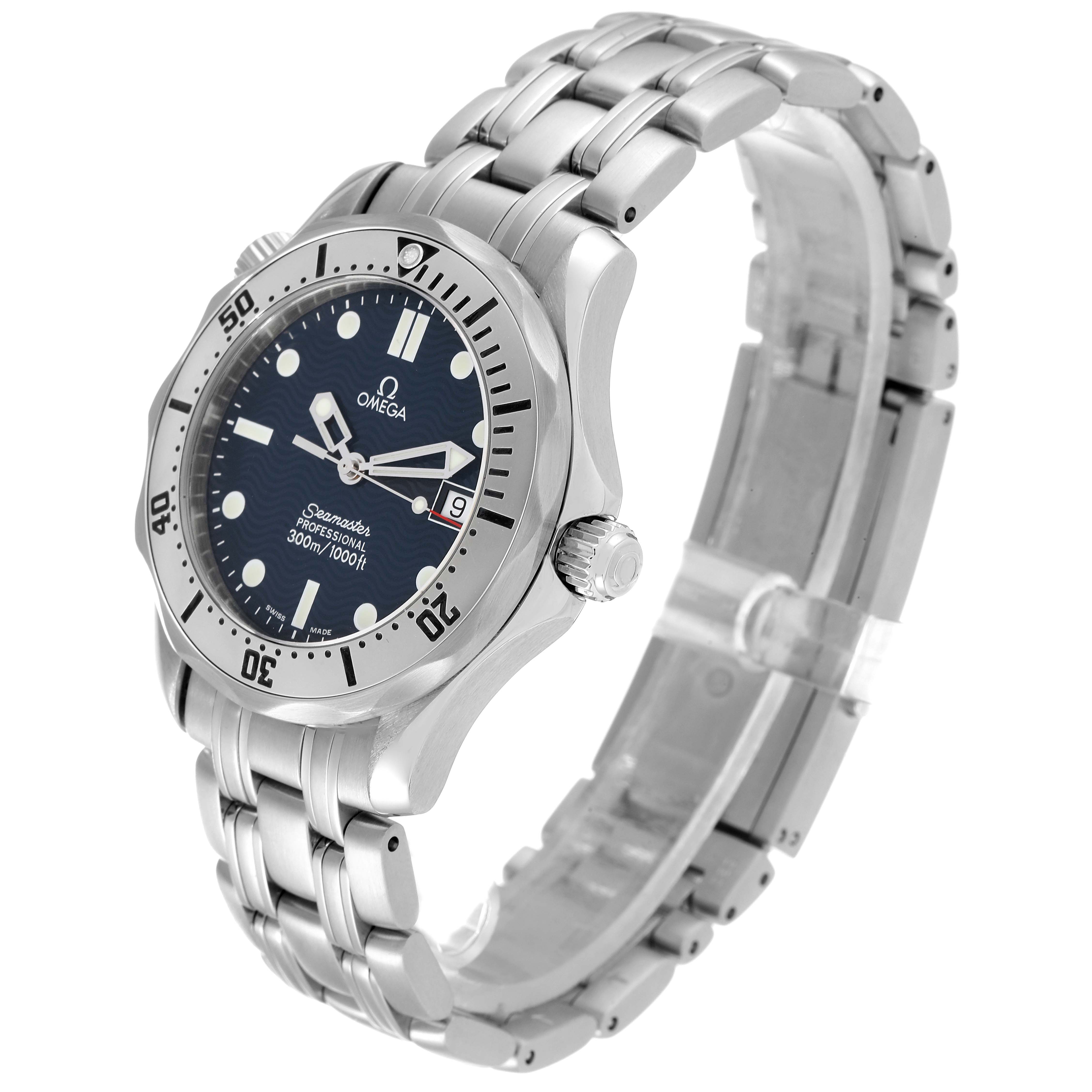 The Omega Seamaster 2562.80.00 Men's Stainless Steel Blue Dial 2562.80.00 Men's Stainless Steel Blue Dial watch is shown at a three-quarter angle, displaying the dial, bezel, bracelet, and crown.