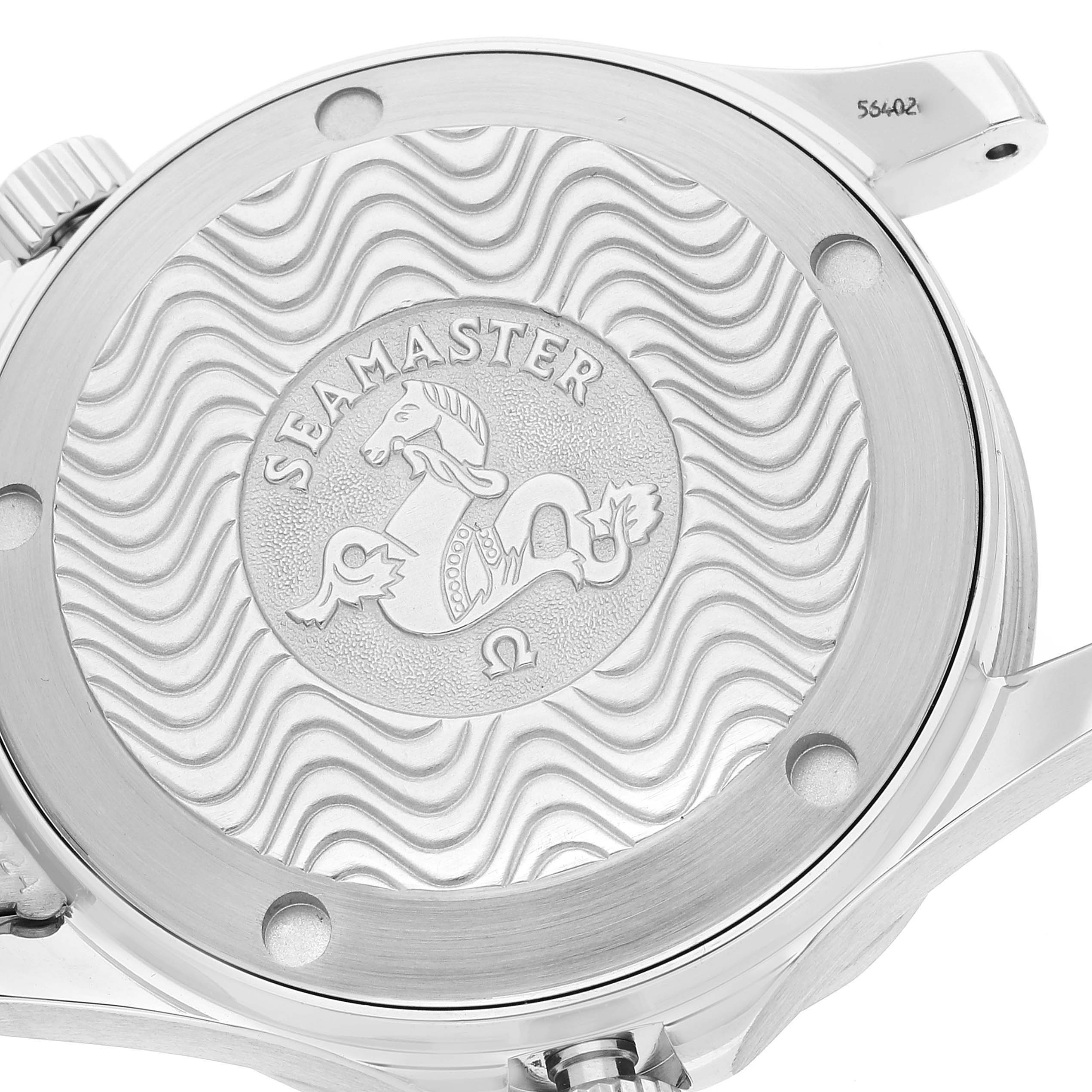 This image shows the case back of an Omega Seamaster 2562.80.00 Men's Stainless Steel Blue Dial 2562.80.00 Men's Stainless Steel Blue Dial watch, displaying the engraved logo and wave pattern.