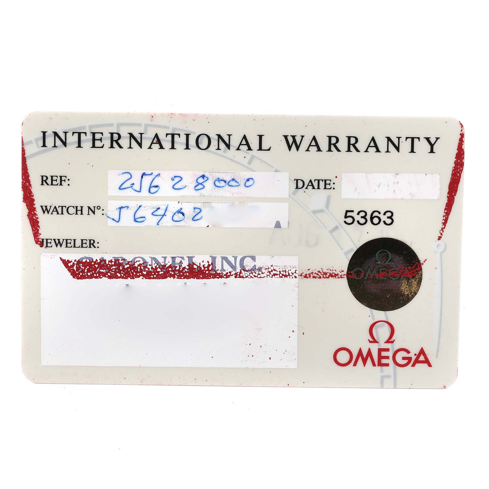 This image shows an international warranty card for the Omega Seamaster 2562.80.00 Men's Stainless Steel Blue Dial 2562.80.00 Men's Stainless Steel Blue Dial model.