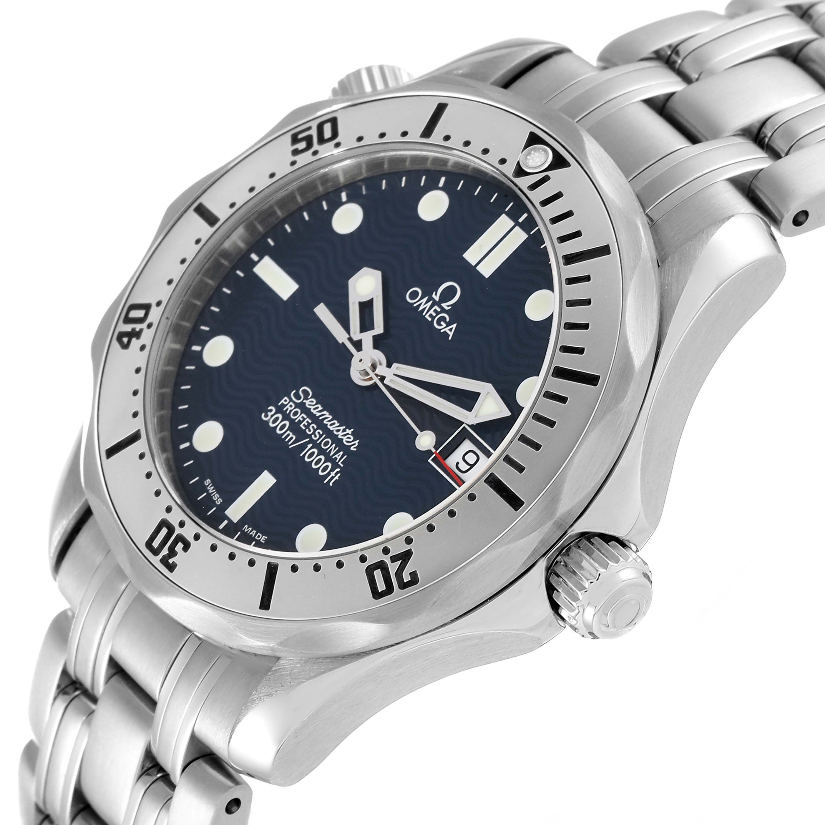 The Omega Seamaster 2562.80.00 Men's Stainless Steel Blue Dial 2562.80.00 Men's Stainless Steel Blue Dial watch is shown at an angle highlighting the face, bezel, crown, and metal bracelet.