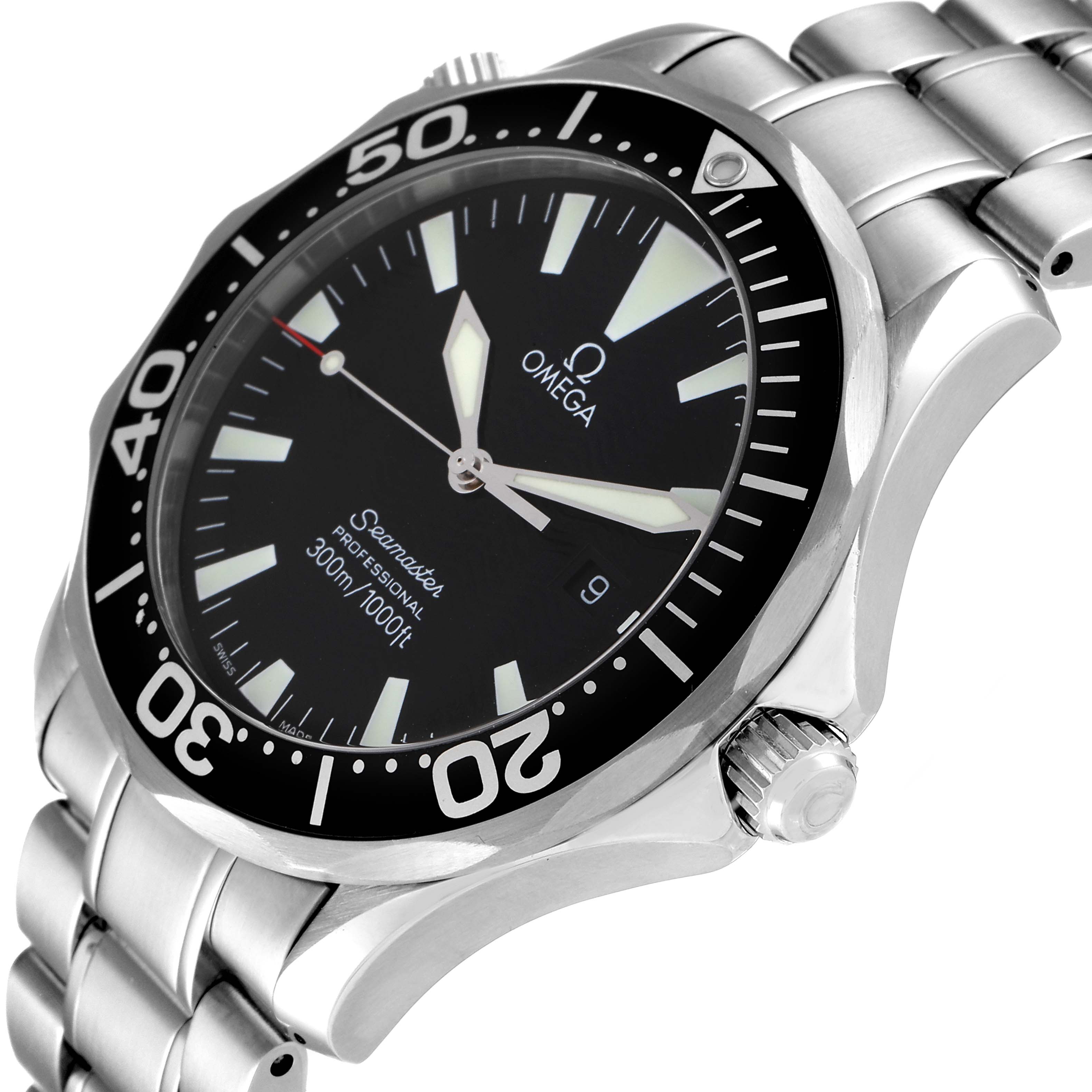 The image shows an Omega Seamaster 2264.50.00 Men's Stainless Steel Black Dial 2264.50.00 Men's Stainless Steel Black Dial watch at an angle that highlights the dial, bezel, crown, and part of the bracelet.