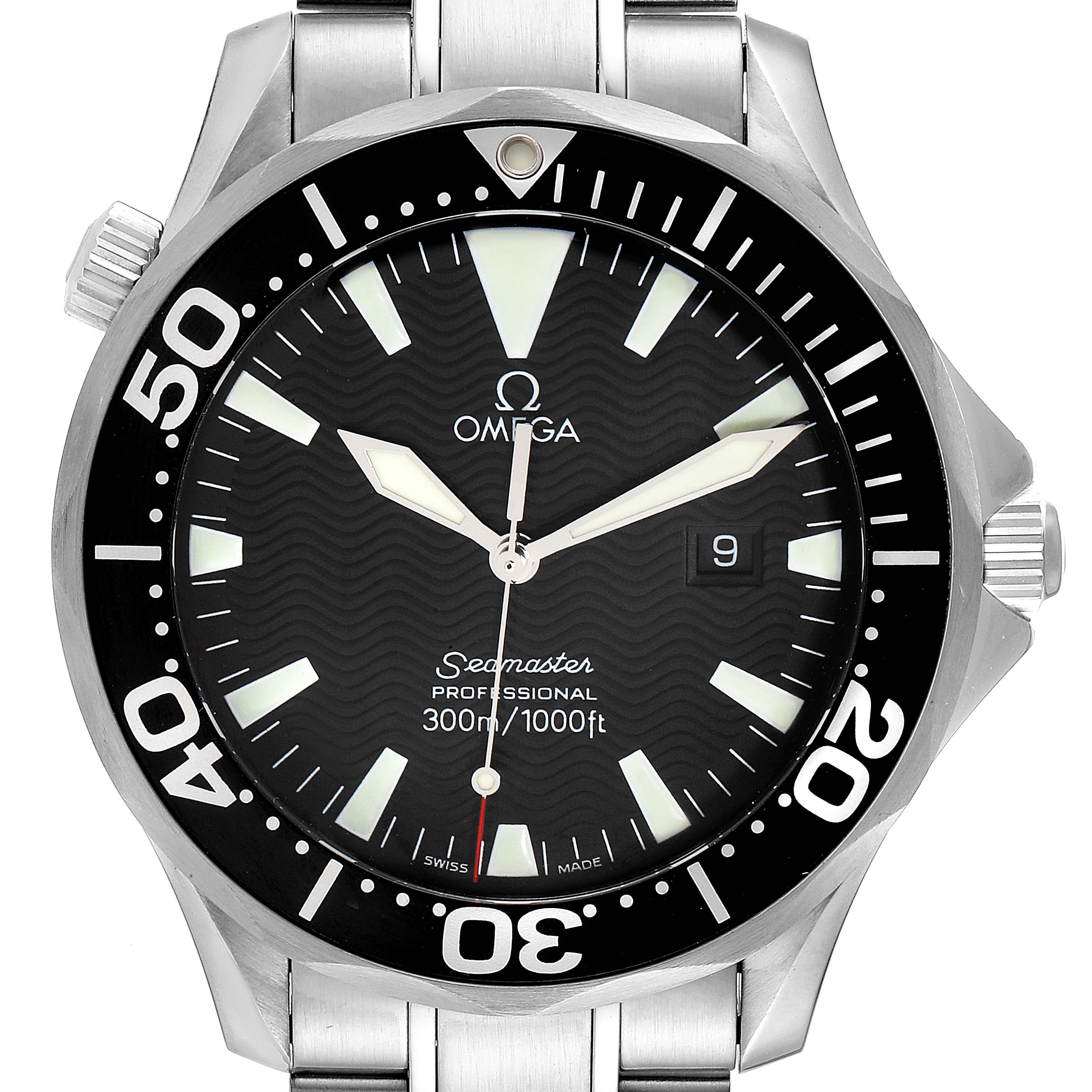Front view of the Omega Seamaster 2264.50.00 Men's Stainless Steel Black Dial 2264.50.00 Men's Stainless Steel Black Dial watch, showing the dial, bezel, hands, and part of the strap.