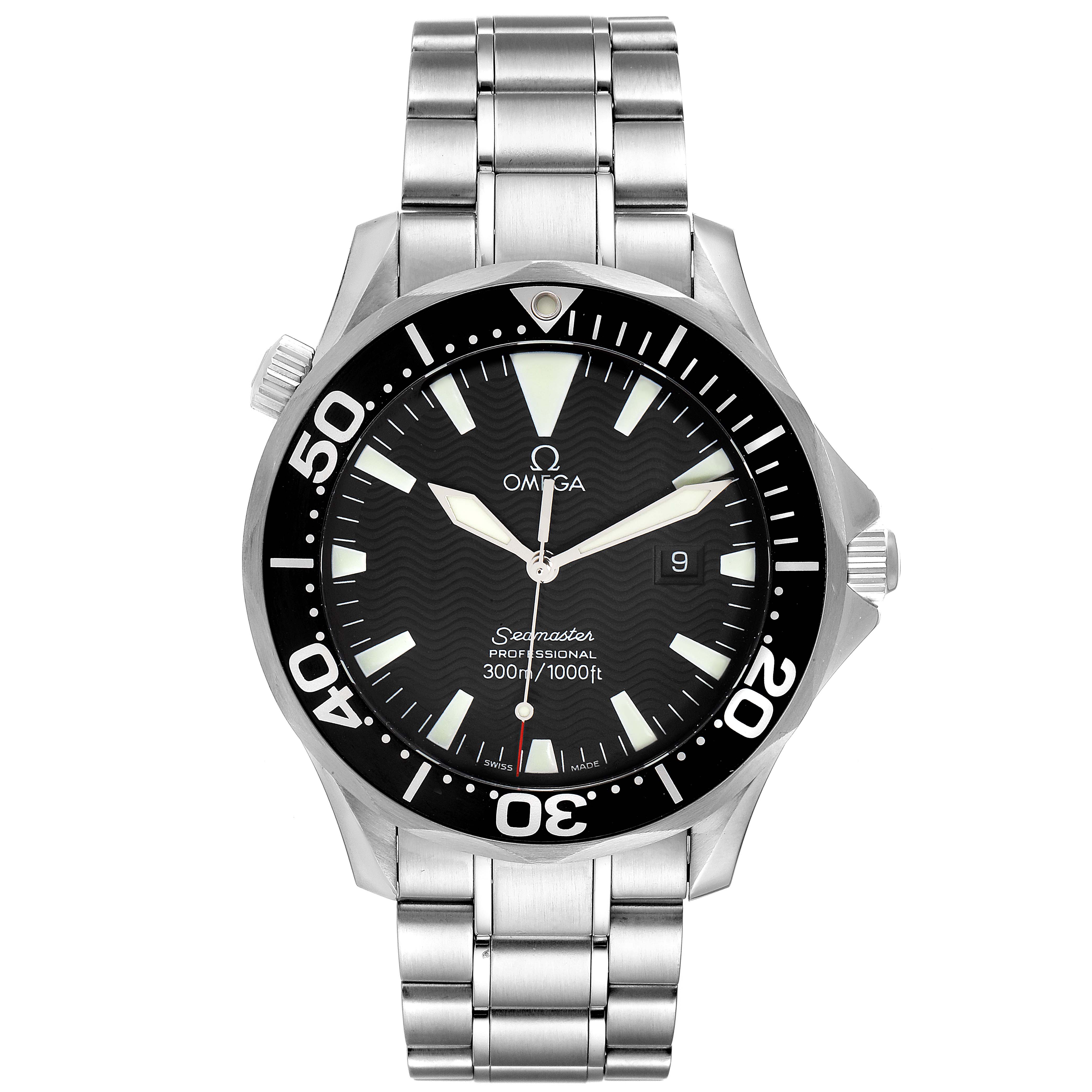 This image shows a front view of an Omega Seamaster 2264.50.00 Men's Stainless Steel Black Dial 2264.50.00 Men's Stainless Steel Black Dial watch, highlighting its face, bezel, and bracelet.