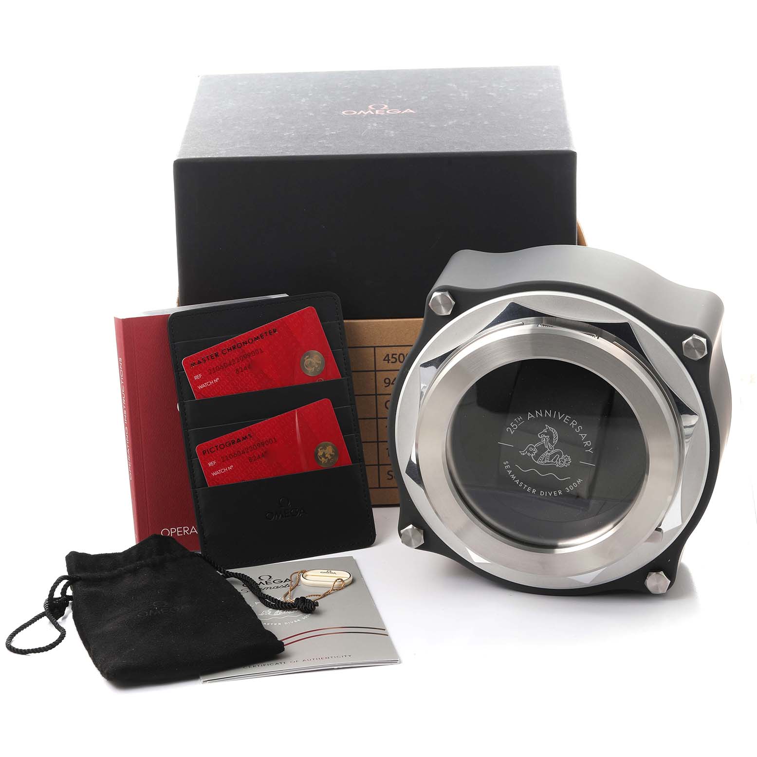 The image shows an Omega Seamaster 210.60.42.20.99.001 Men's Titanium Grey Dial 210.60.42.20.99.001 Men's Titanium Grey Dial watch box, warranty cards, a pouch, and a key from a front angle.