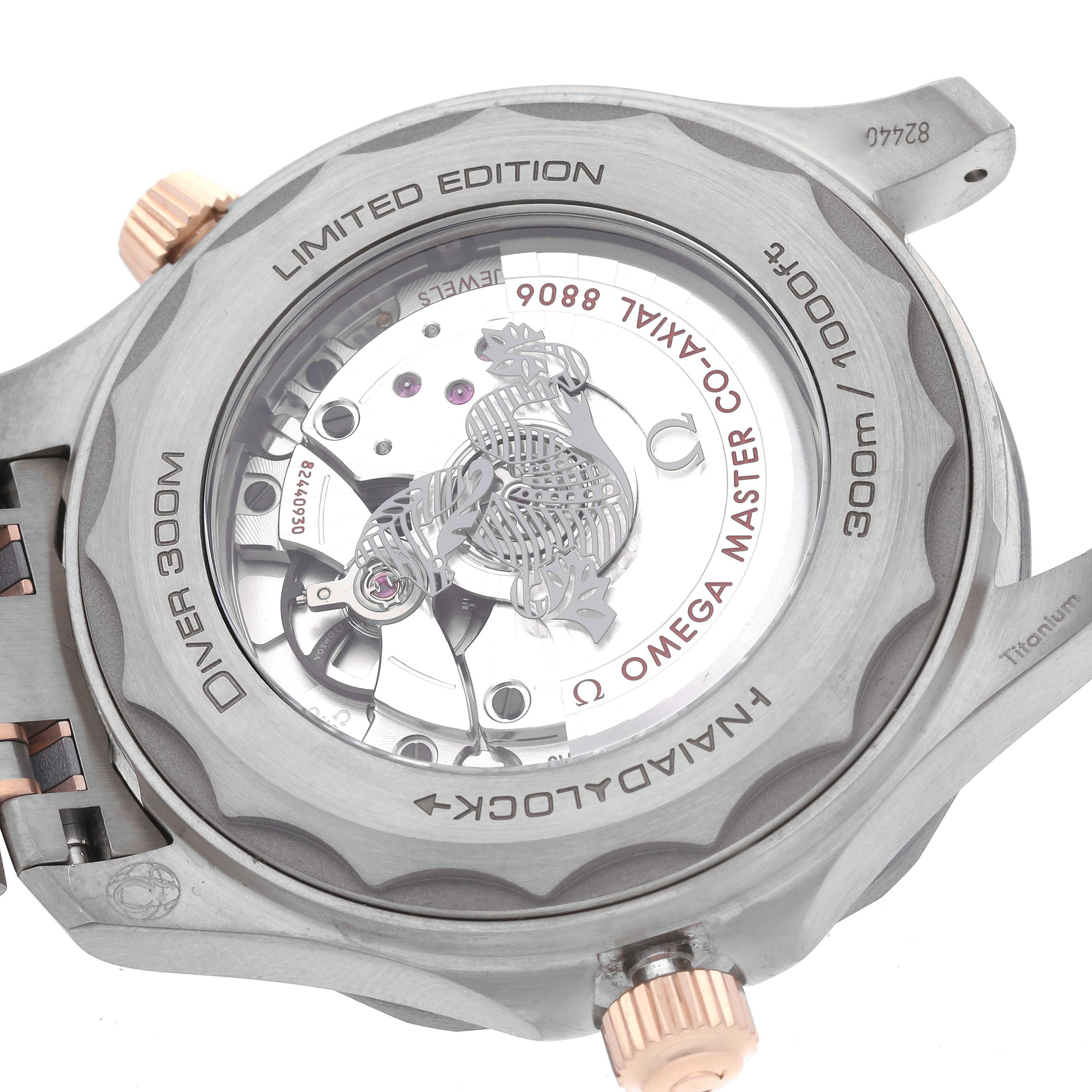 The image shows the back case of an Omega Seamaster 210.60.42.20.99.001 Men's Titanium Grey Dial 210.60.42.20.99.001 Men's Titanium Grey Dial, highlighting the movement and limited edition inscription.