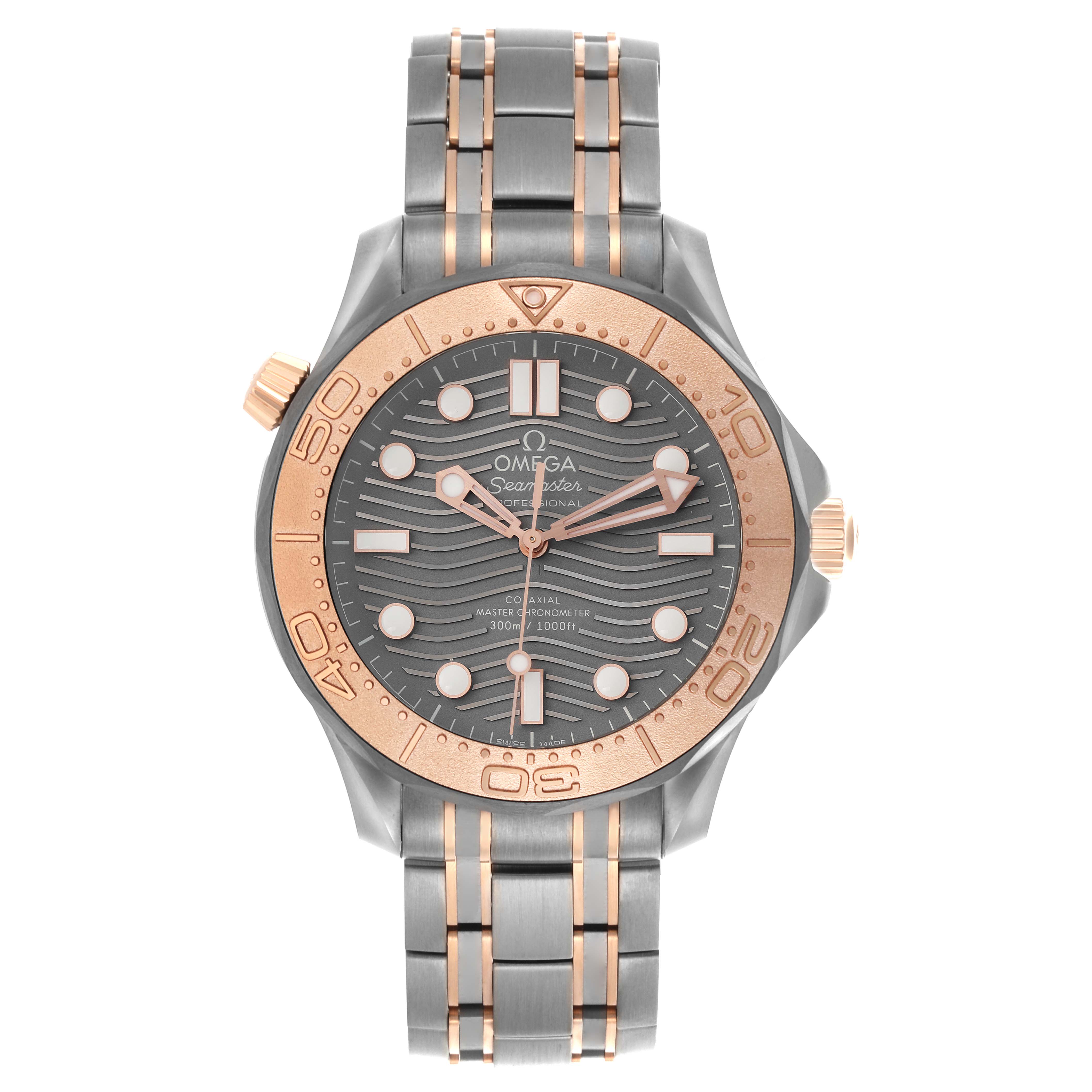 The Omega Seamaster 210.60.42.20.99.001 Men's Titanium Grey Dial 210.60.42.20.99.001 Men's Titanium Grey Dial is shown from the front, displaying the face, bezel, and bracelet.