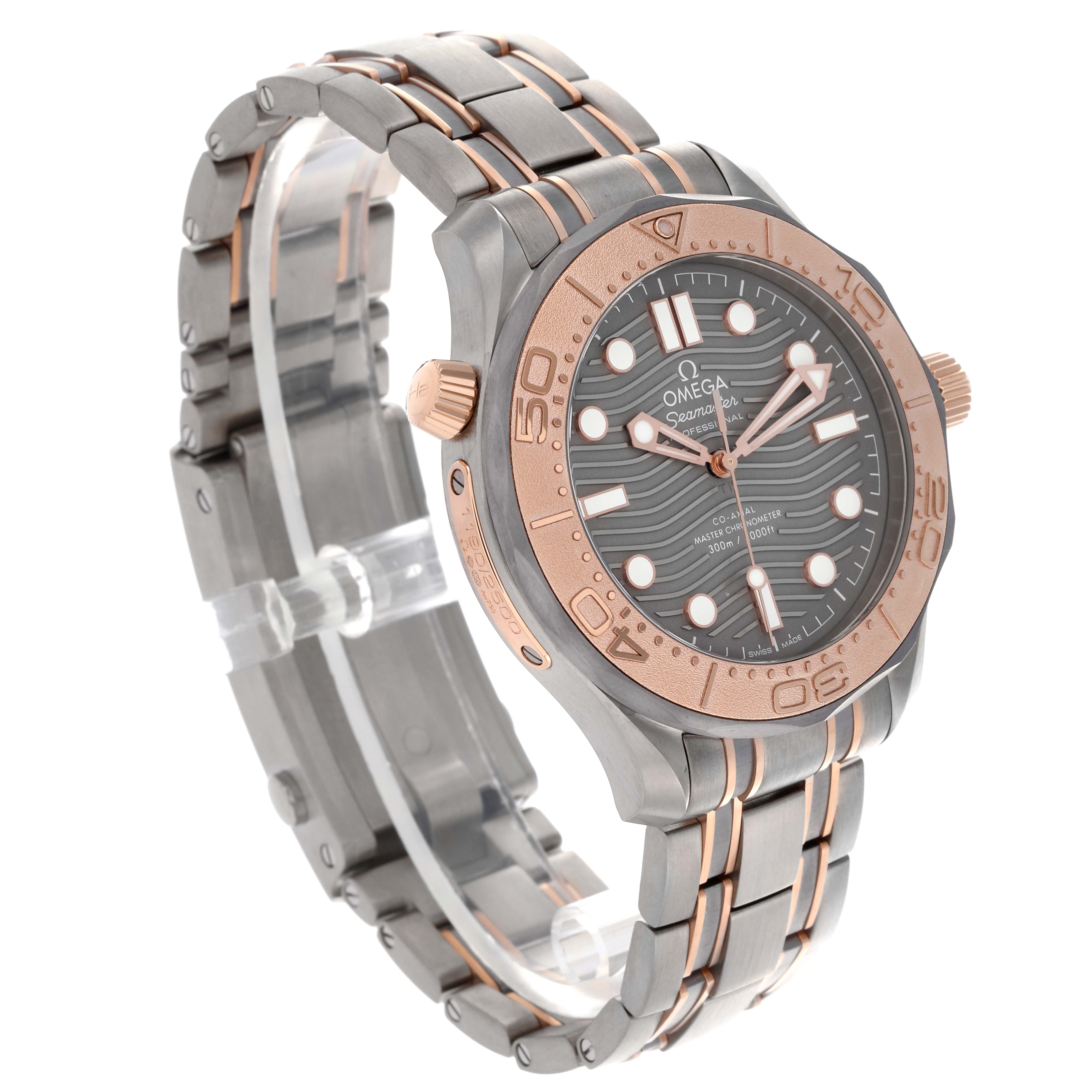 The Omega Seamaster 210.60.42.20.99.001 Men's Titanium Grey Dial 210.60.42.20.99.001 Men's Titanium Grey Dial watch is shown at an angled side view, highlighting its face, bezel, and bracelet.