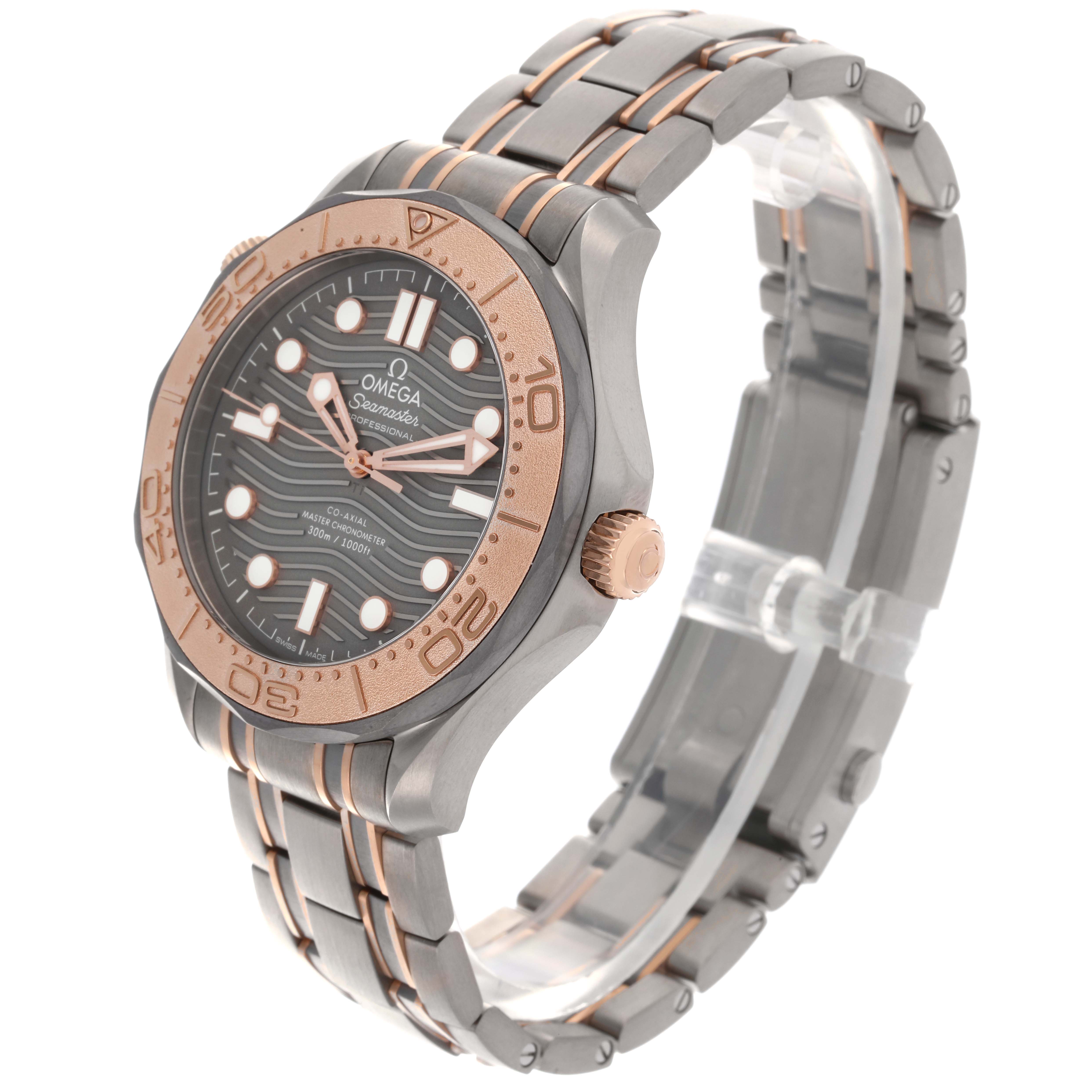 The Omega Seamaster 210.60.42.20.99.001 Men's Titanium Grey Dial 210.60.42.20.99.001 Men's Titanium Grey Dial watch is shown at a three-quarter angle, highlighting the face, bezel, bracelet, and crown.