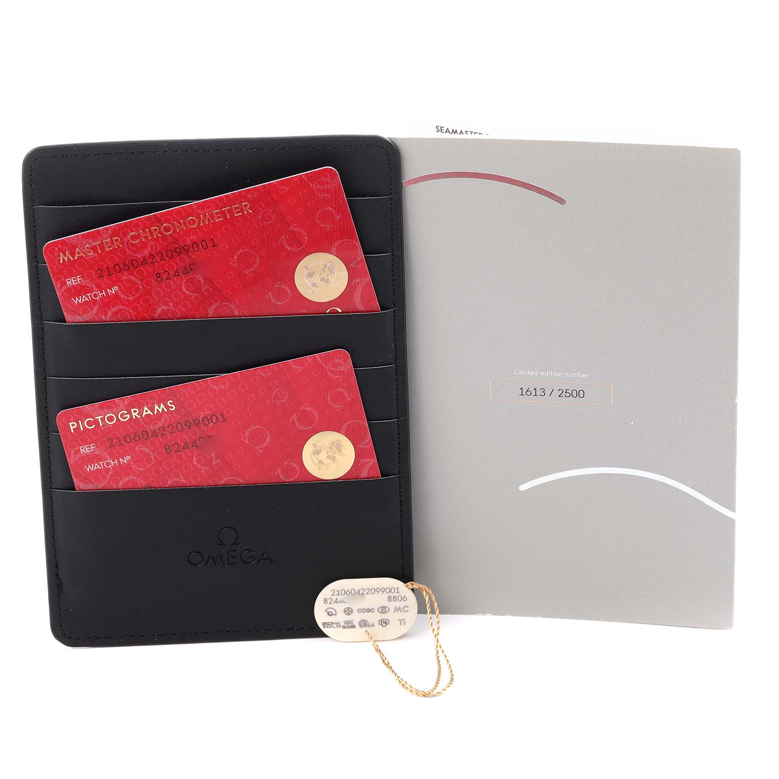 The image shows the Omega Seamaster 210.60.42.20.99.001 Men's Titanium Grey Dial 210.60.42.20.99.001 Men's Titanium Grey Dial watch's warranty cards and a certificate in a black holder.