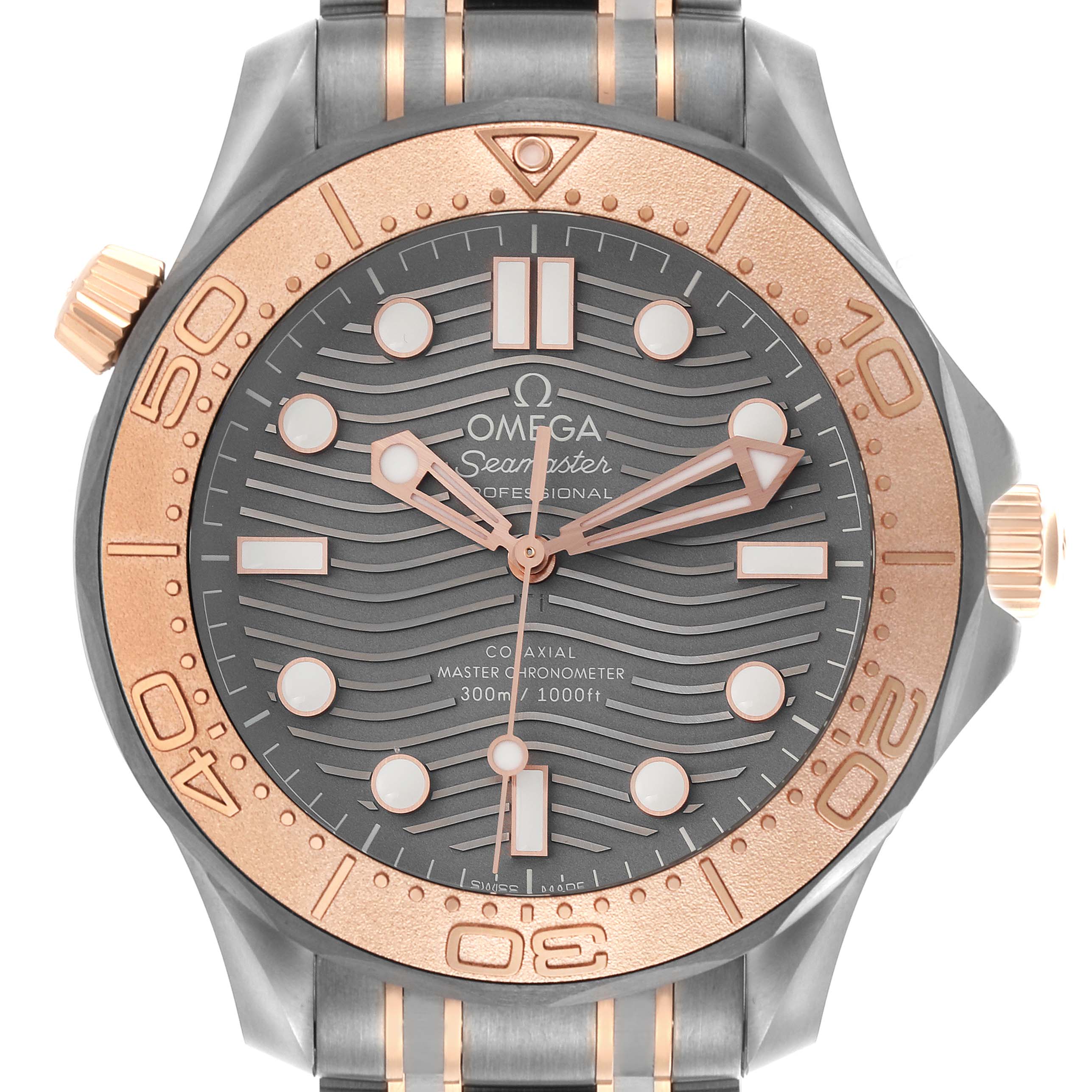 The Omega Seamaster 210.60.42.20.99.001 Men's Titanium Grey Dial 210.60.42.20.99.001 Men's Titanium Grey Dial is shown face-on, highlighting the dial, bezel, crown, and strap connection.
