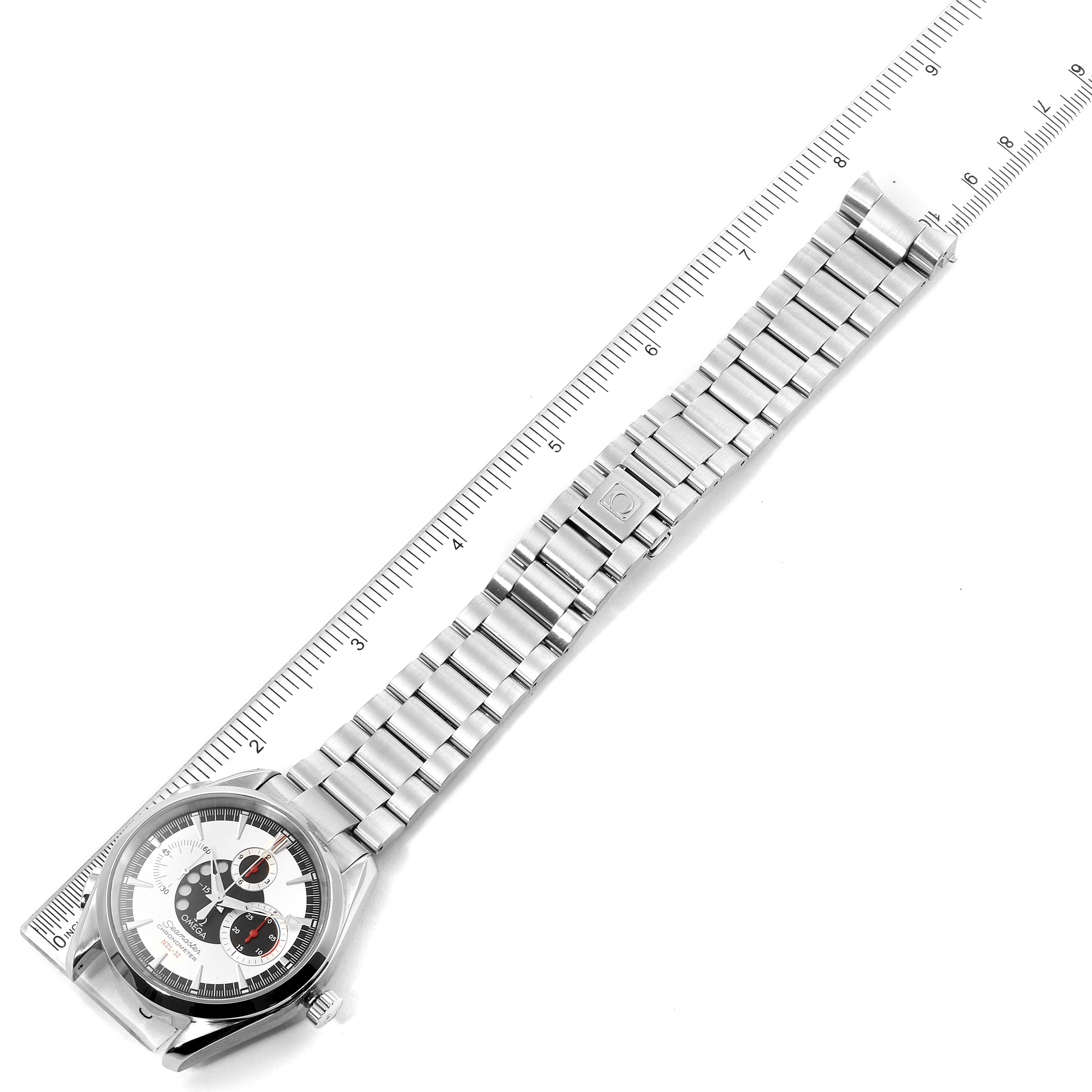 The image shows the full length of an Omega Aqua Terra 30873 Men
s Stainless Steel Silver Dial 30873 Men
s Stainless Steel Silver Dial watch, including its dial, case, and metal bracelet, measured against a ruler.