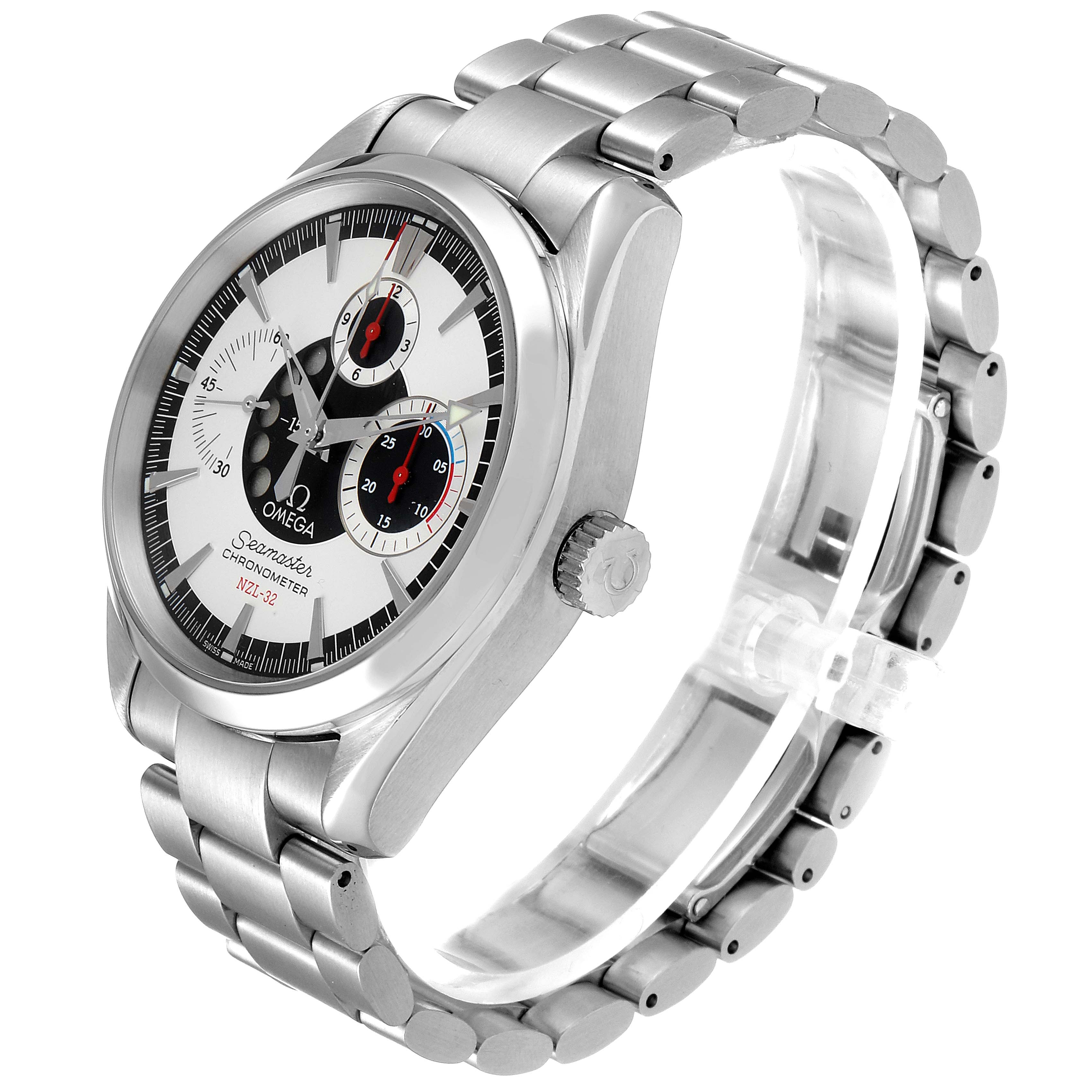 The image shows an Omega Aqua Terra 30873 Men
s Stainless Steel Silver Dial 30873 Men
s Stainless Steel Silver Dial watch at a three-quarter angle, highlighting its dial, crown, and metallic bracelet.