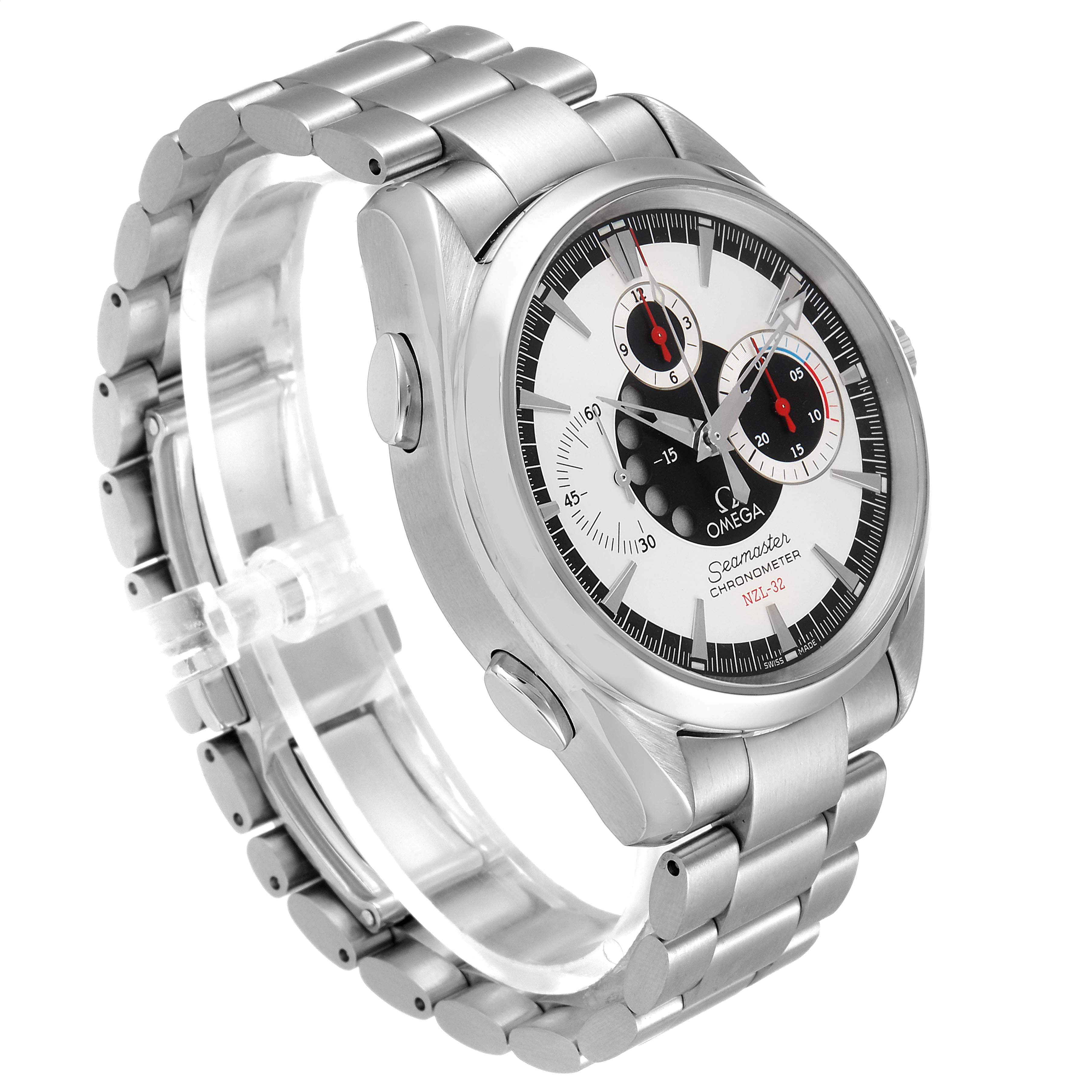 The Omega Aqua Terra 30873 Men
s Stainless Steel Silver Dial 30873 Men
s Stainless Steel Silver Dial watch is shown at an angled side view, highlighting its stainless steel case, bracelet, and dial.