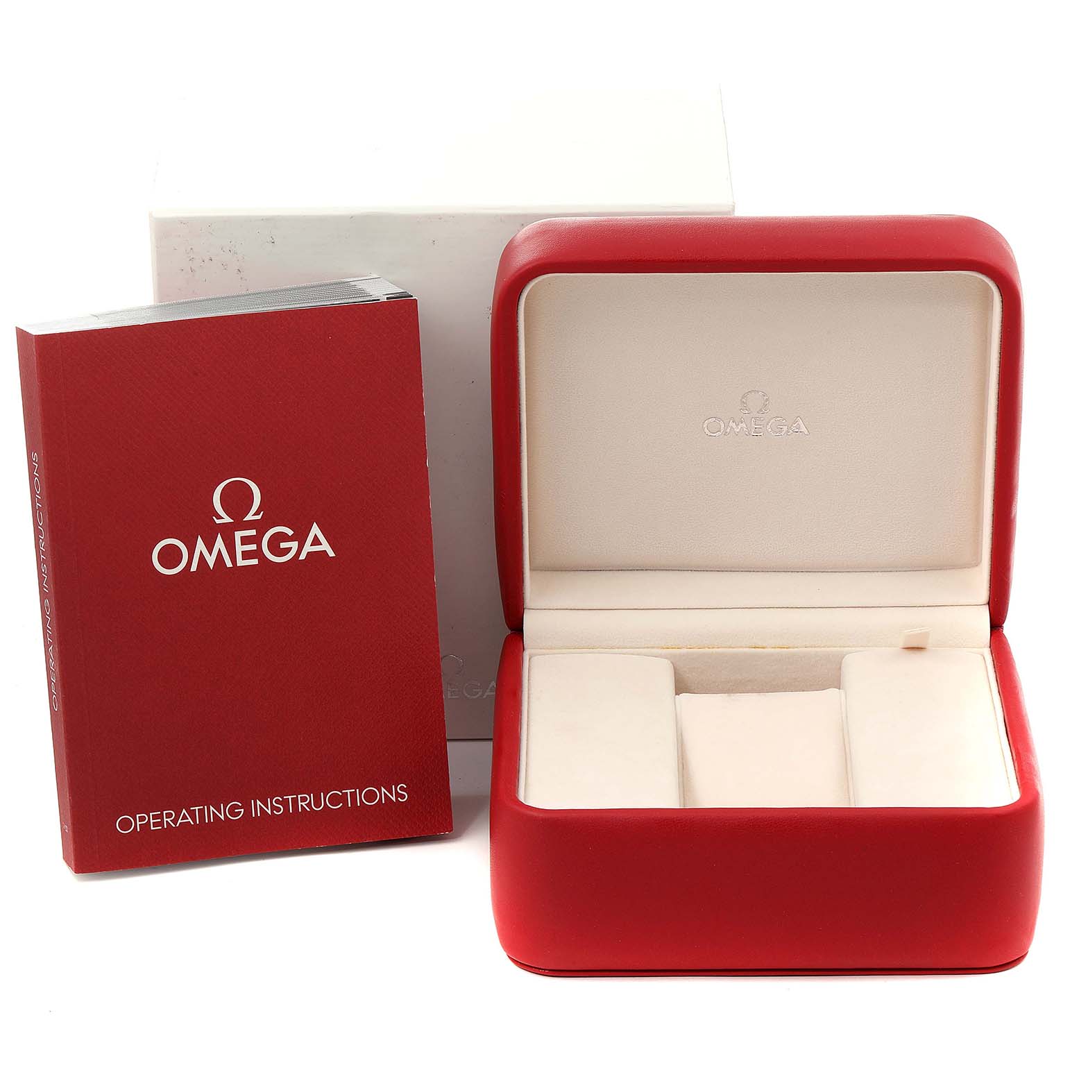 The image shows an Omega Aqua Terra 30873 Men
s Stainless Steel Silver Dial 30873 Men
s Stainless Steel Silver Dial watch case and its operating instructions, positioned facing forward.