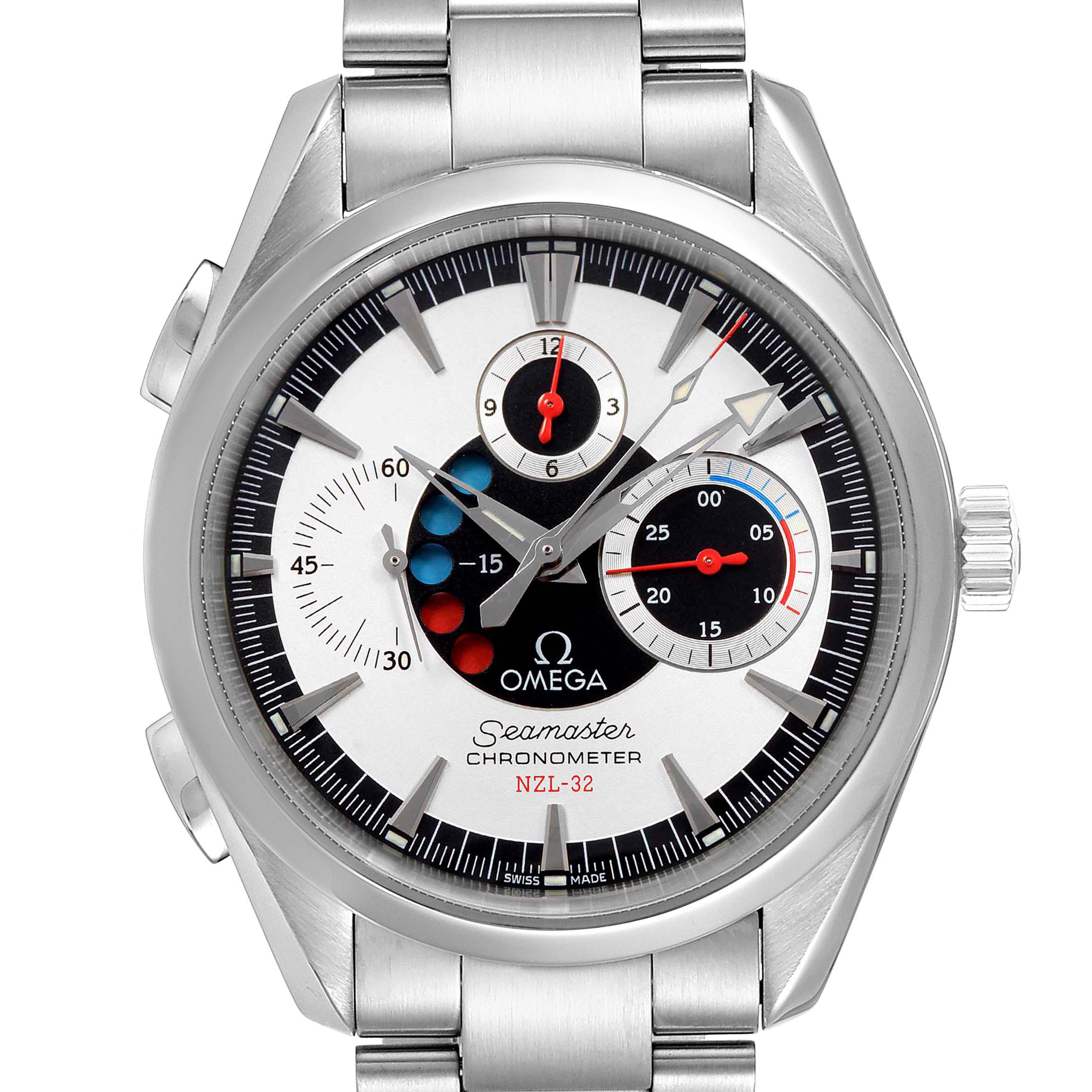 The image shows a frontal view of the Omega Aqua Terra 30873 Men
s Stainless Steel Silver Dial 30873 Men
s Stainless Steel Silver Dial Seamaster watch, highlighting its dial, hands, sub-dials, and metal bracelet.