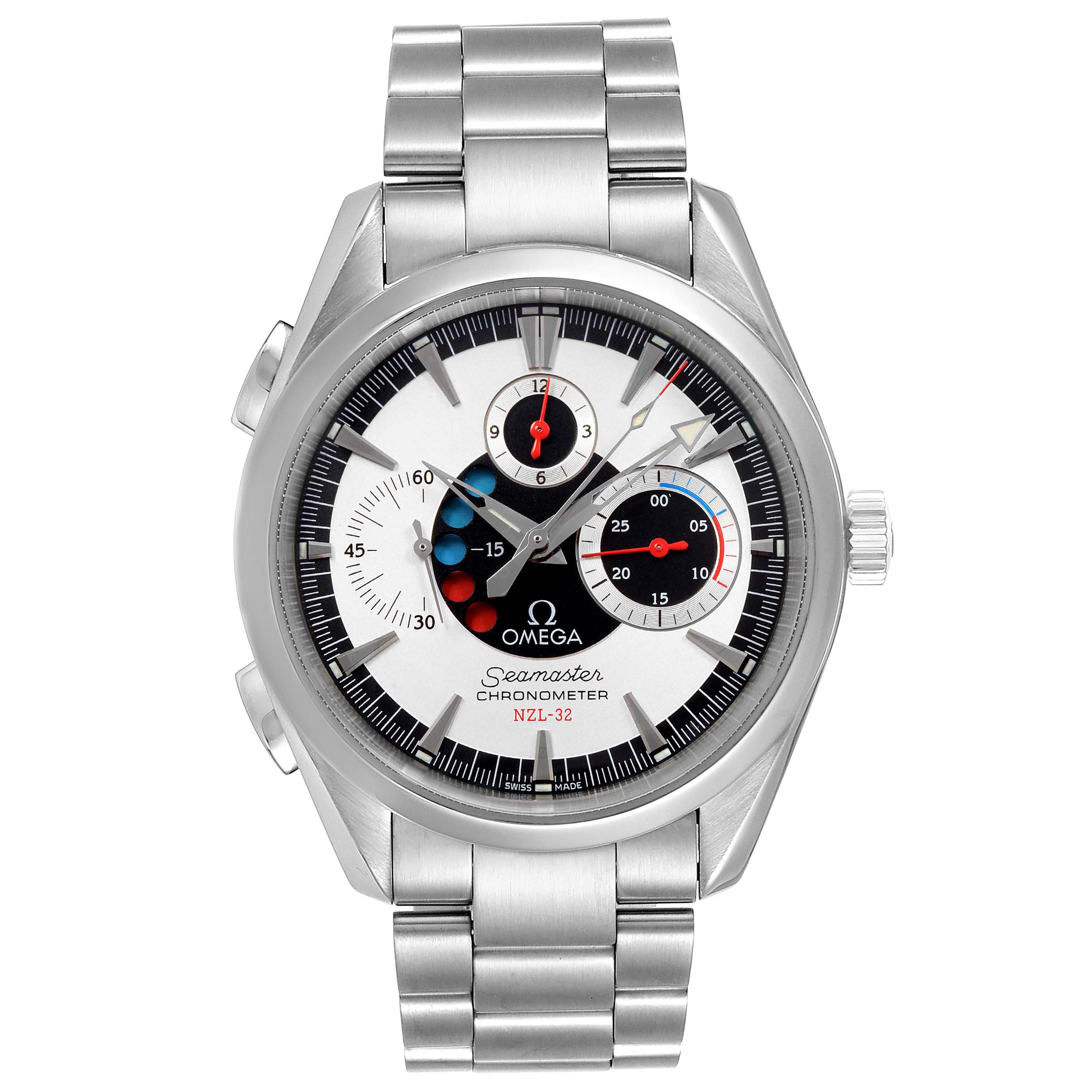This image shows a front view of the Omega Aqua Terra 30873 Men
s Stainless Steel Silver Dial 30873 Men
s Stainless Steel Silver Dial Seamaster Chronometer NZL-32 watch with a stainless steel bracelet.