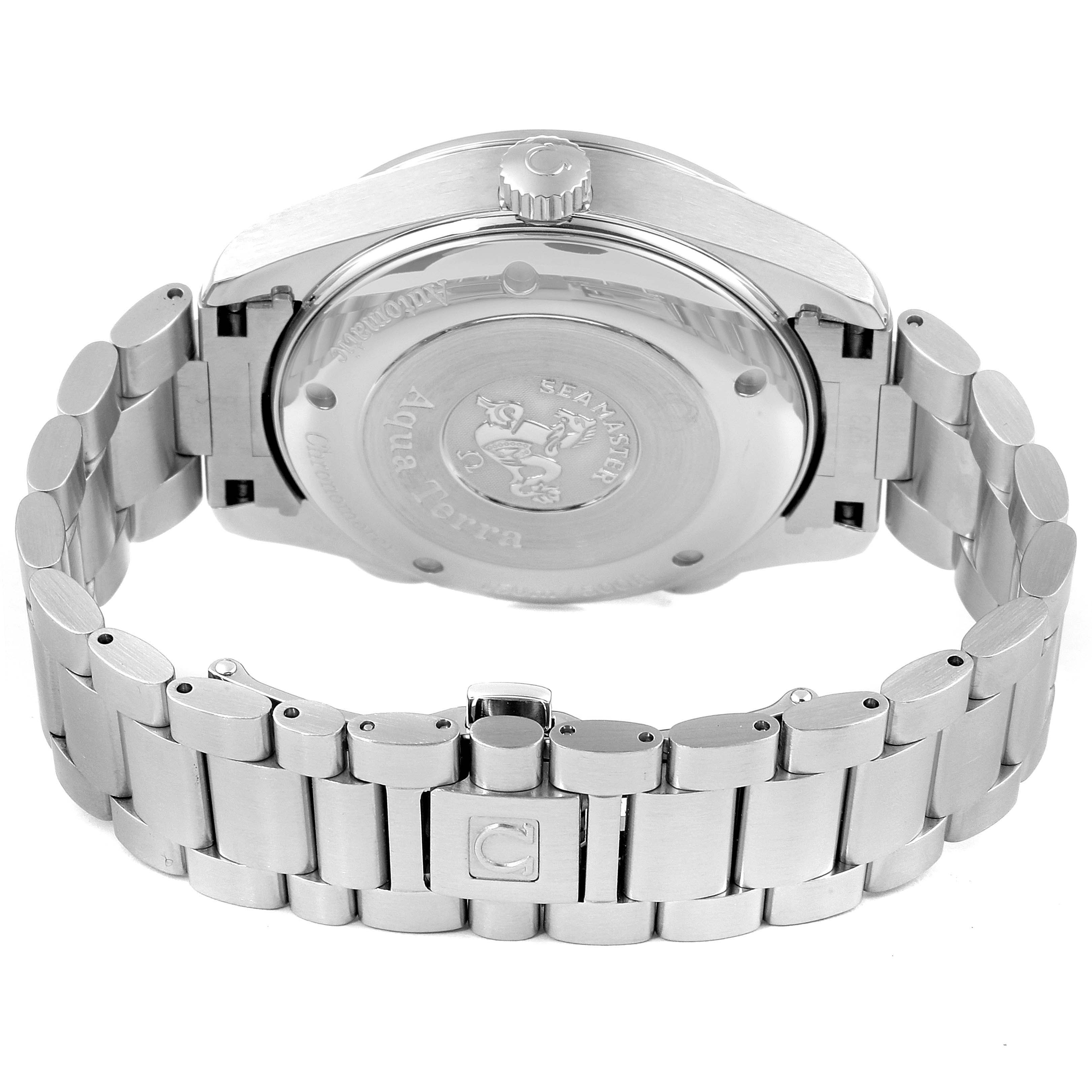 The image shows the back case and stainless steel bracelet of an Omega Aqua Terra 30873 Men
s Stainless Steel Silver Dial 30873 Men
s Stainless Steel Silver Dial watch.