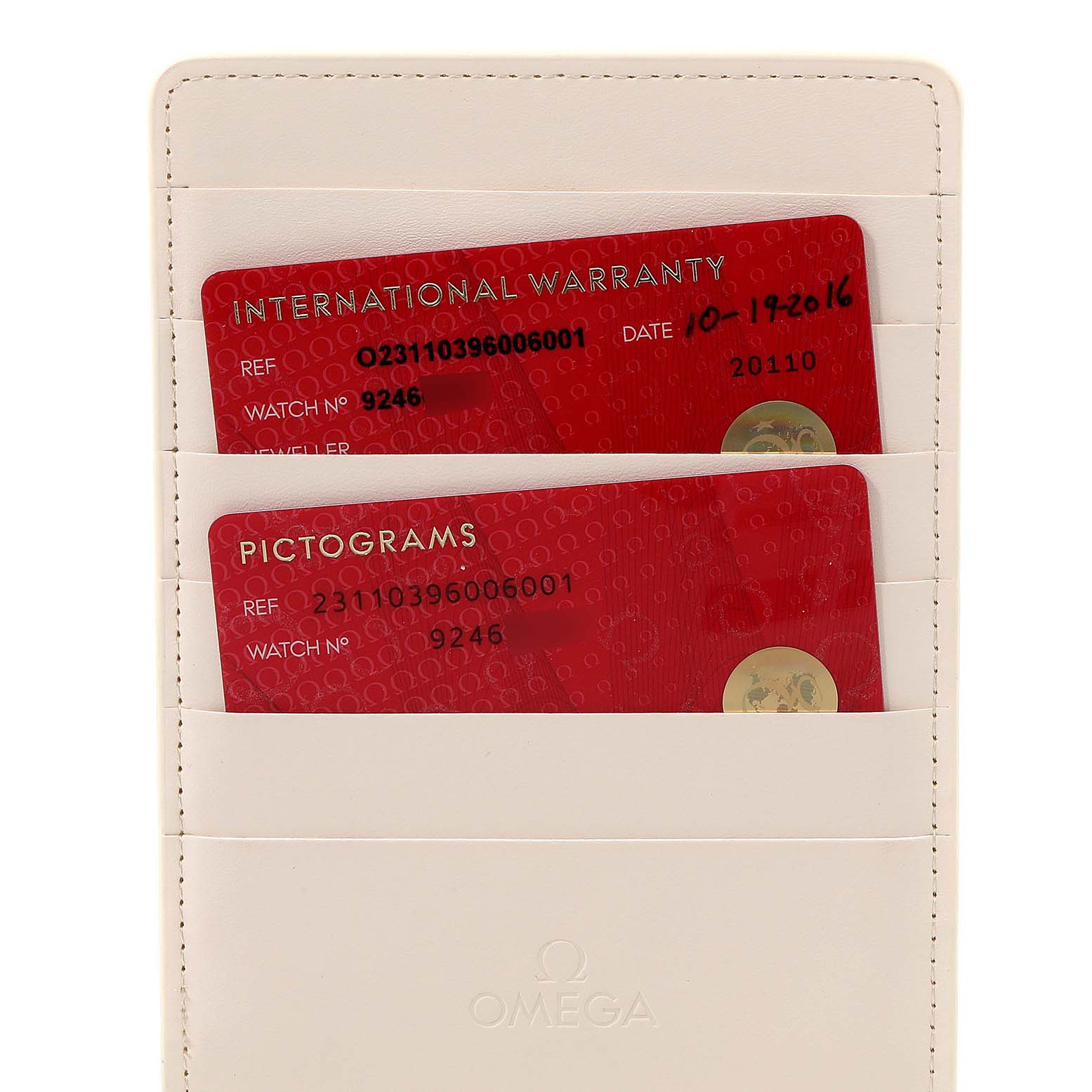 The image shows the warranty and pictogram cards for the Omega Aqua Terra 231.10.39.60.06.001 Men's Stainless Steel Grey Dial 231.10.39.60.06.001 Men's Stainless Steel Grey Dial watch, displayed within a white cardholder.