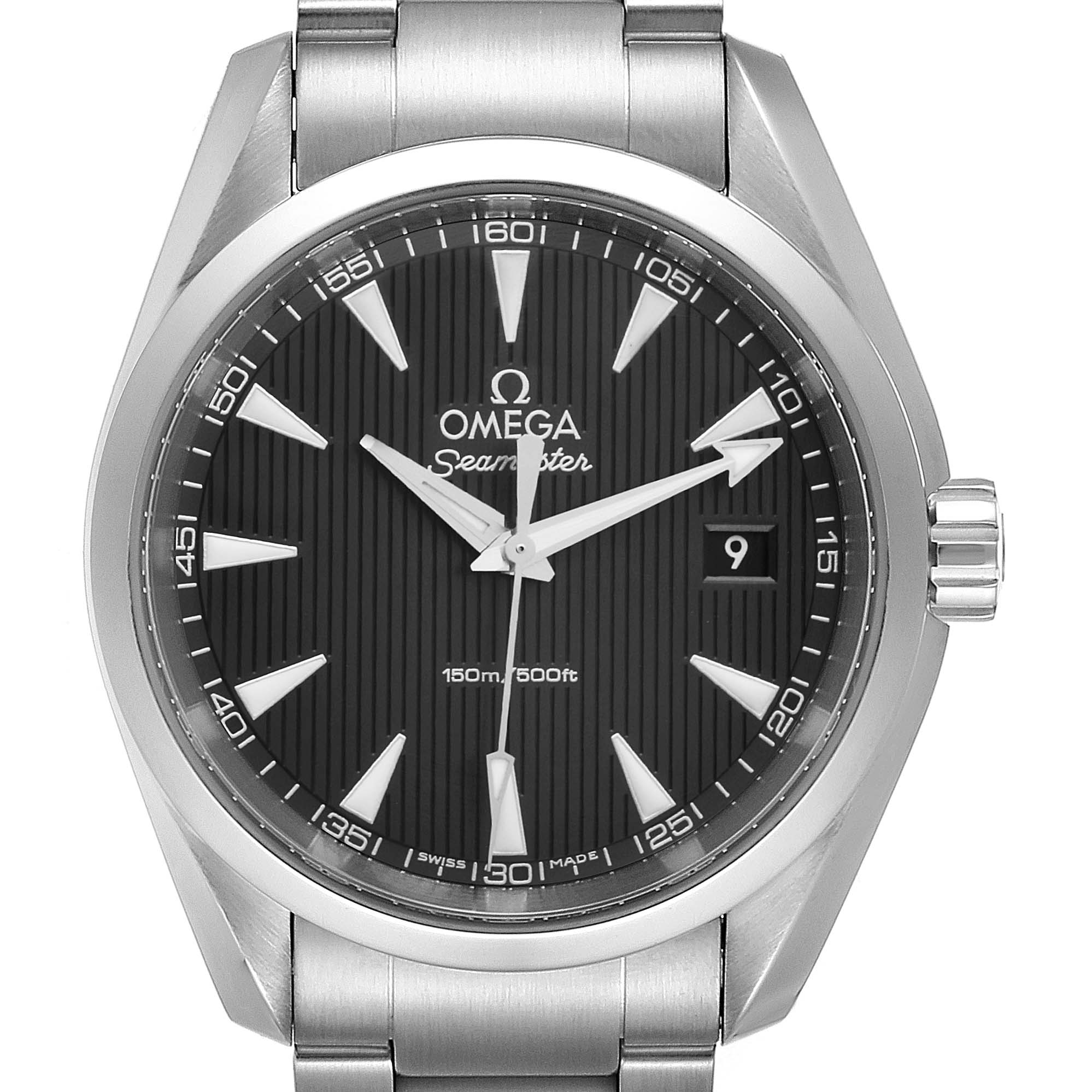 The image shows a front view of the Omega Aqua Terra 231.10.39.60.06.001 Men's Stainless Steel Grey Dial 231.10.39.60.06.001 Men's Stainless Steel Grey Dial Seamaster watch, displaying its dial, hands, bracelet, and crown.