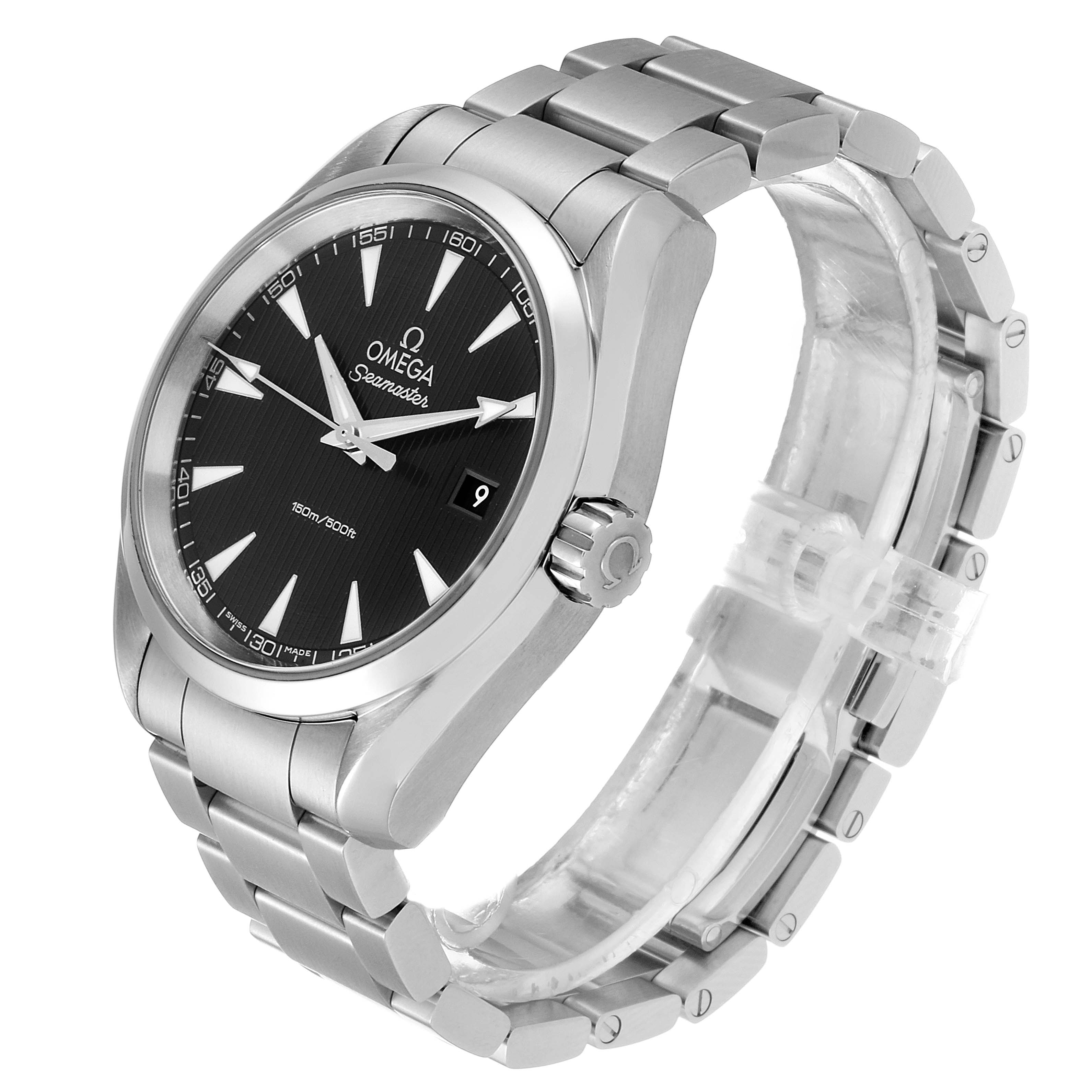 The image shows the Omega Aqua Terra 231.10.39.60.06.001 Men's Stainless Steel Grey Dial 231.10.39.60.06.001 Men's Stainless Steel Grey Dial watch at a three-quarter angle, highlighting its face, bezel, and bracelet.